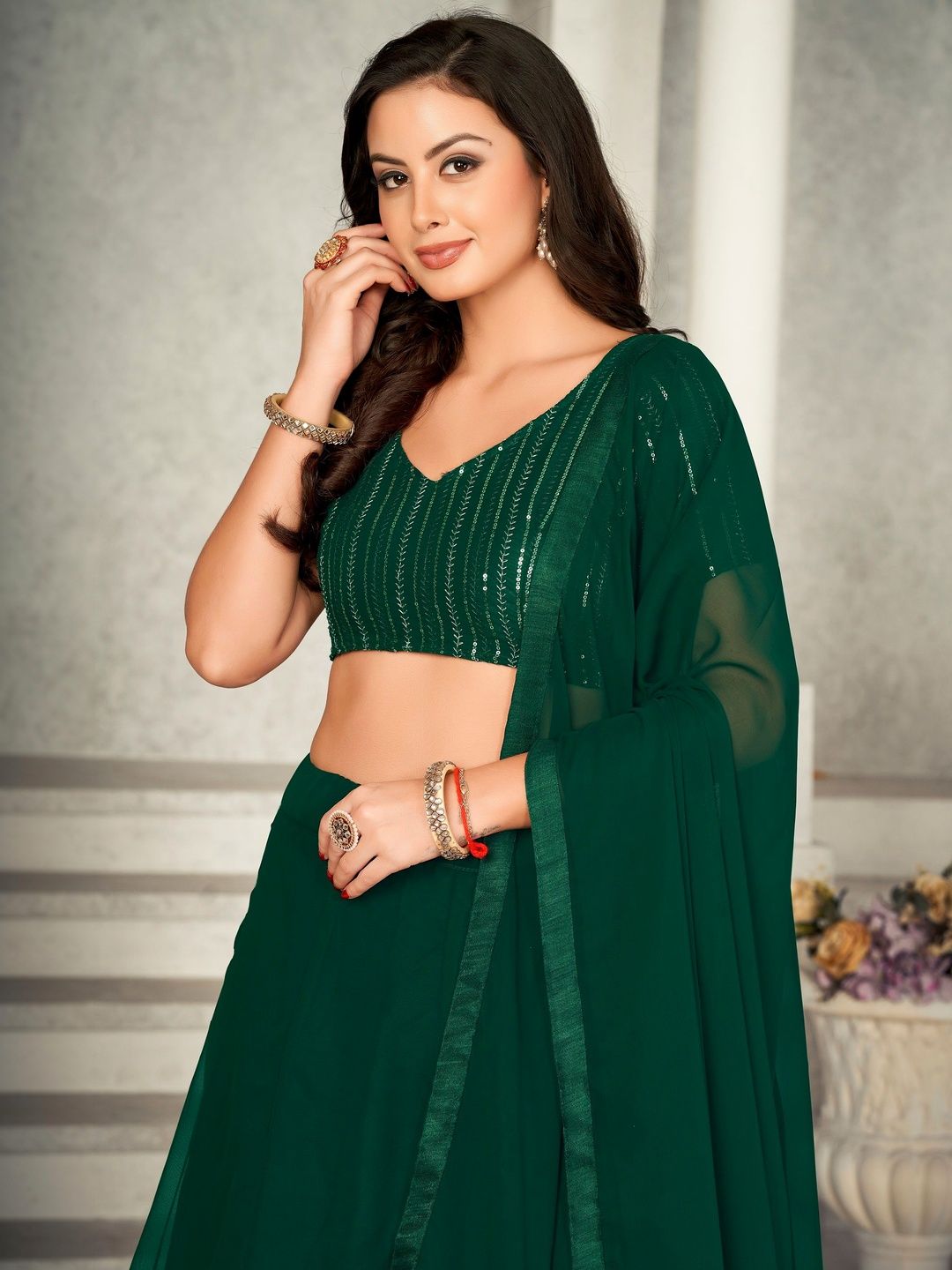 Warthy Ent Women Sequinned Semi-Stitched Lehenga & Unstitched Blouse With Dupatta