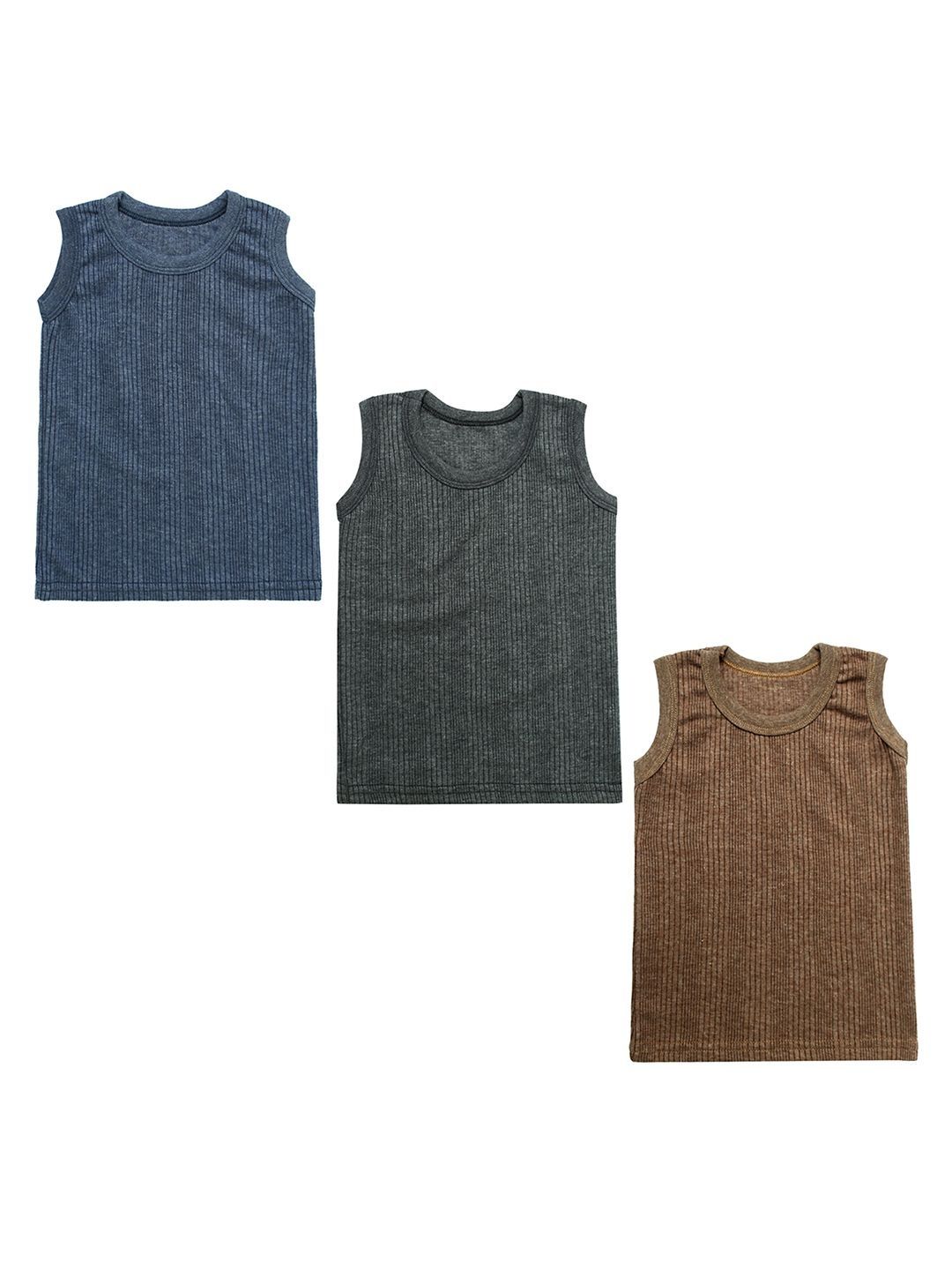 Superminis Kids Pack of 3 Striped Cotton Round Neck Thermal Vest