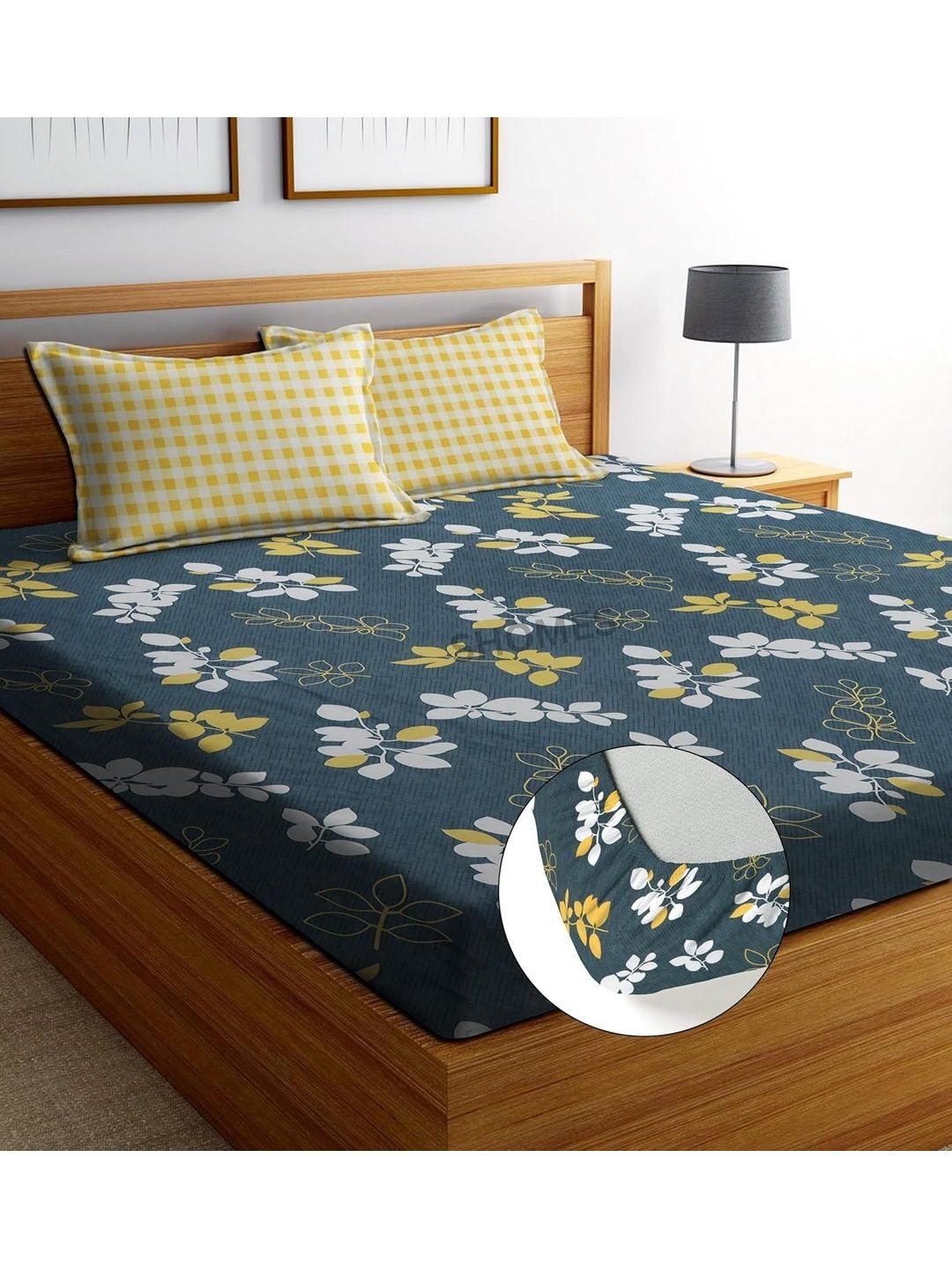 SHOMES Navy Blue & Grey Floral 220 TC King Bedsheet with 2 Pillow Covers