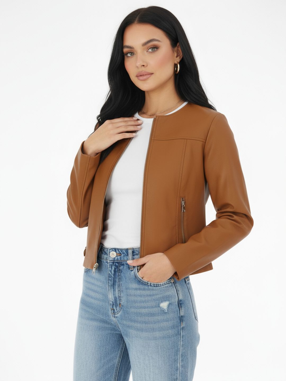 glitchez Collarless PU Coated Relaxed Fit Tailored Jacket deal from myntra