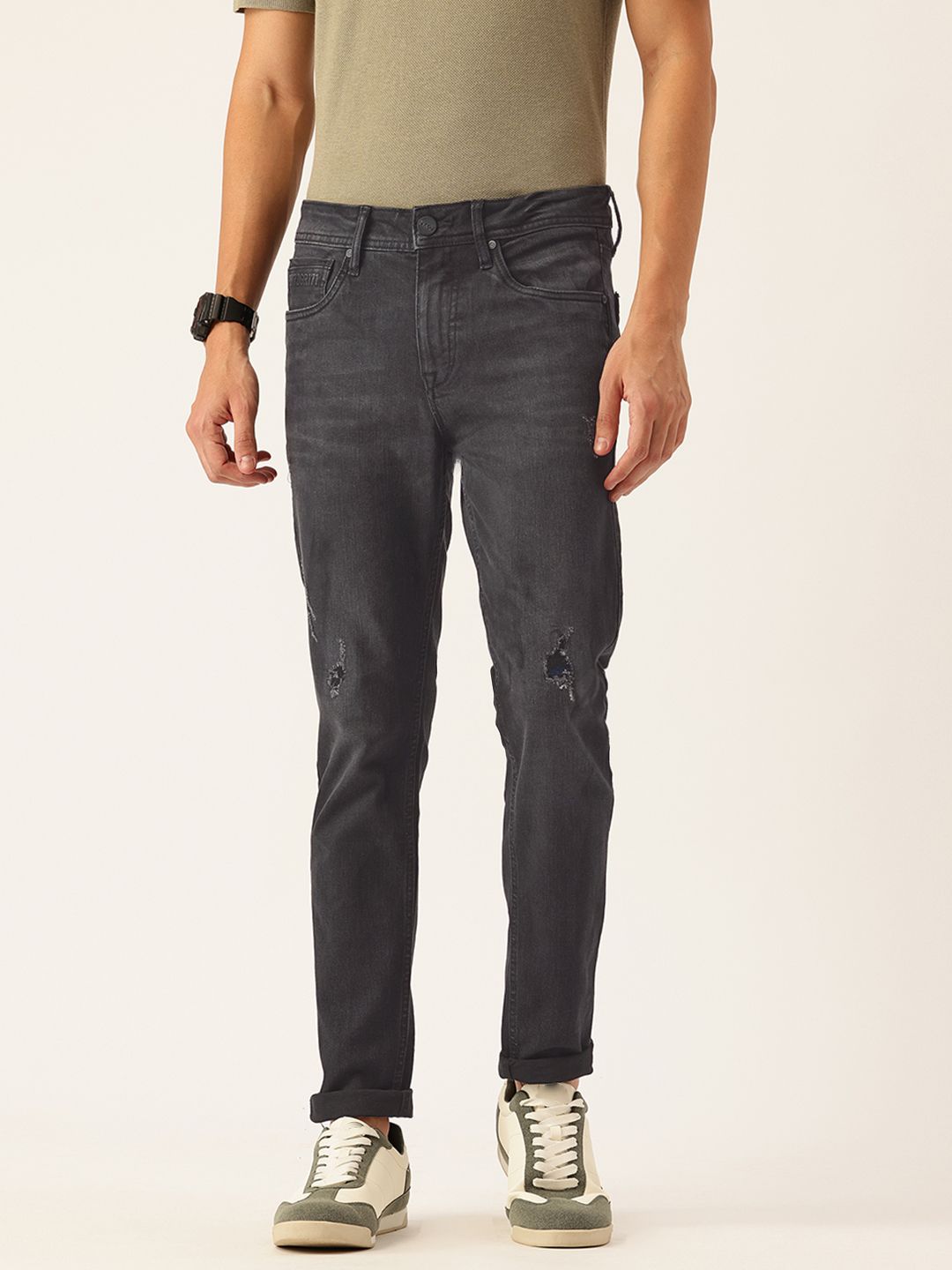 Integriti Men Slim Fit Mid-Rise Mildly Distressed Light Fade Stretchable Jeans