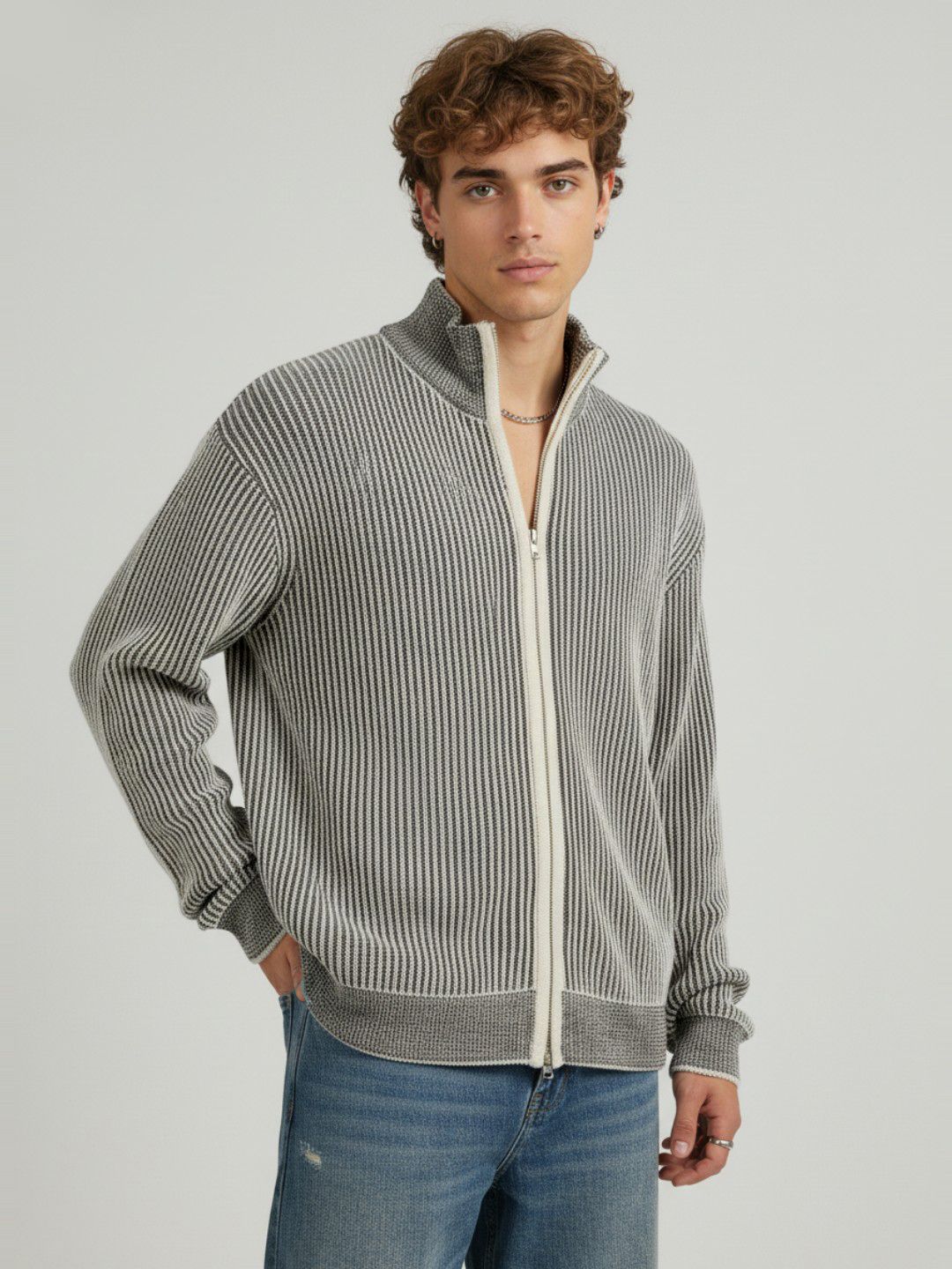 glitchez glitchez Mock Collar Self-Striped Oversized Cardigan