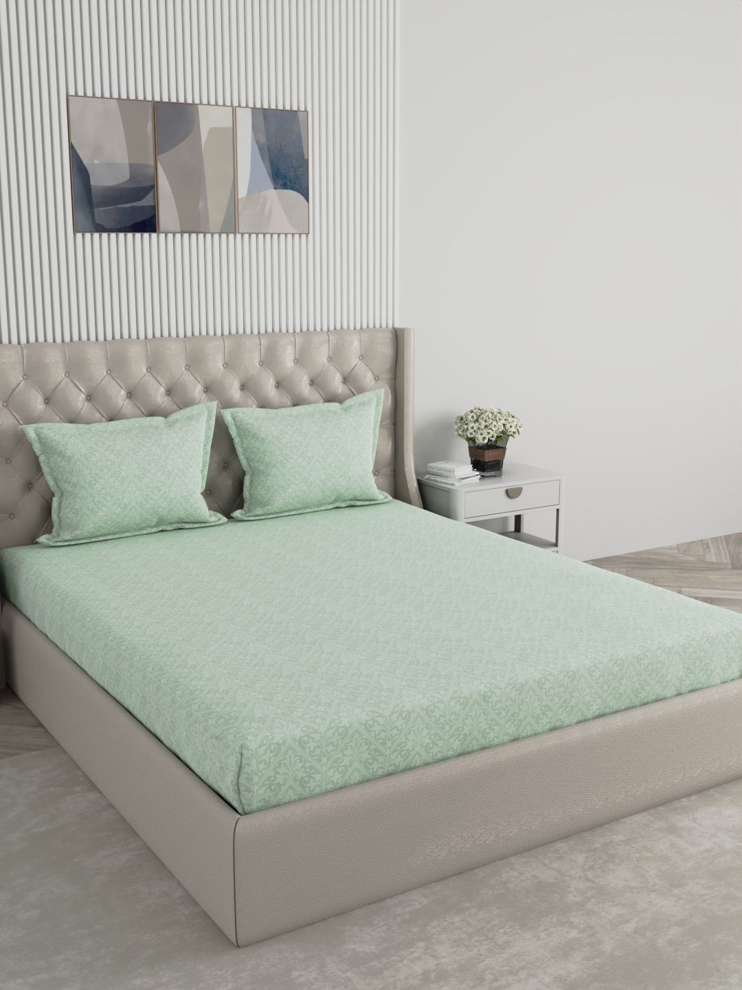 Raymond Home Raymond Home Green Geometric 210 TC Bedsheet with 2 Pillow Covers