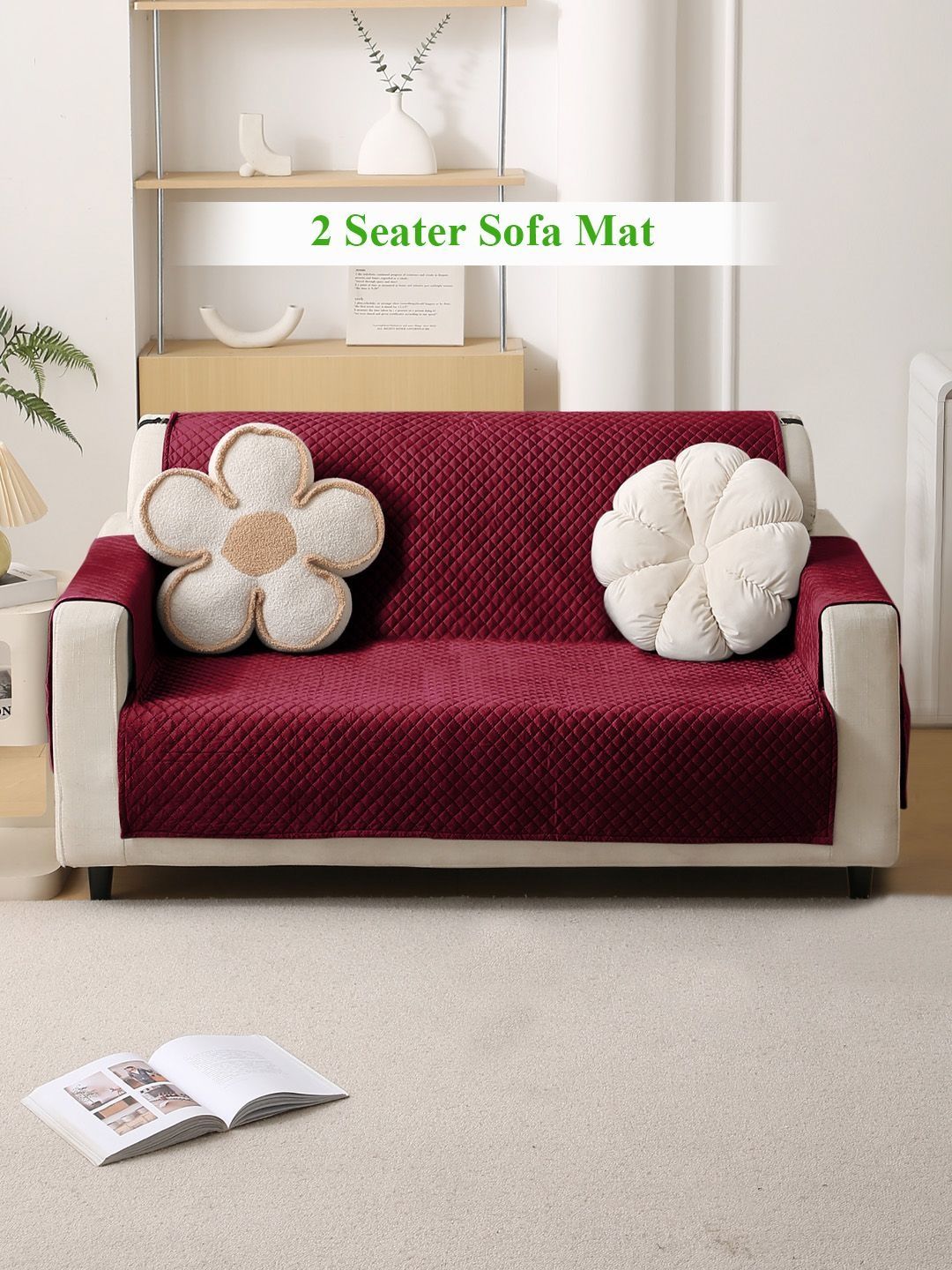 HOKIPO Maroon Solid Velvet 1 Piece 2 Seater Sofa Cover Mat with Pockets on Armrest