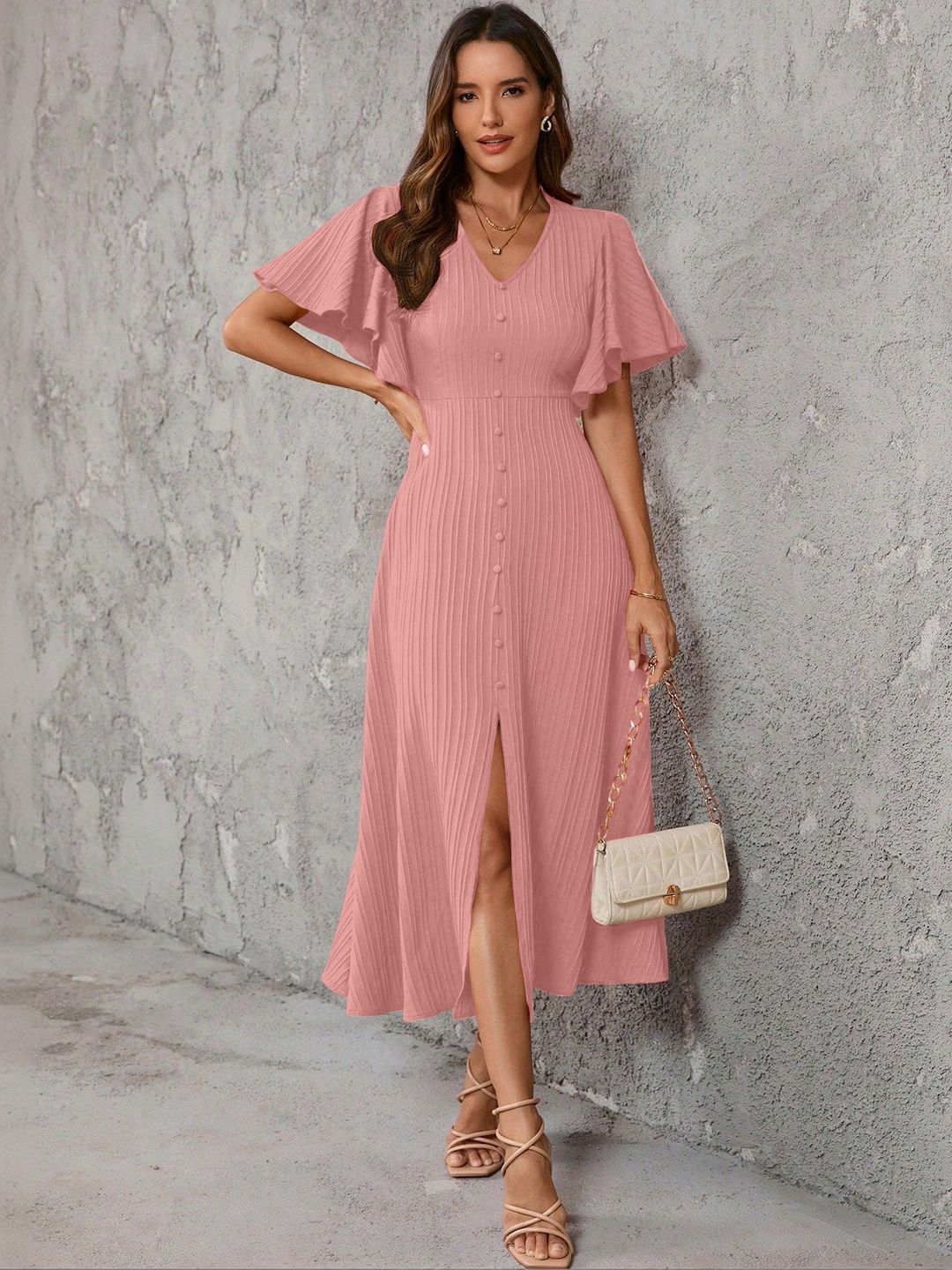 Sugathari Flutter Sleeve A-Line Midi Dress