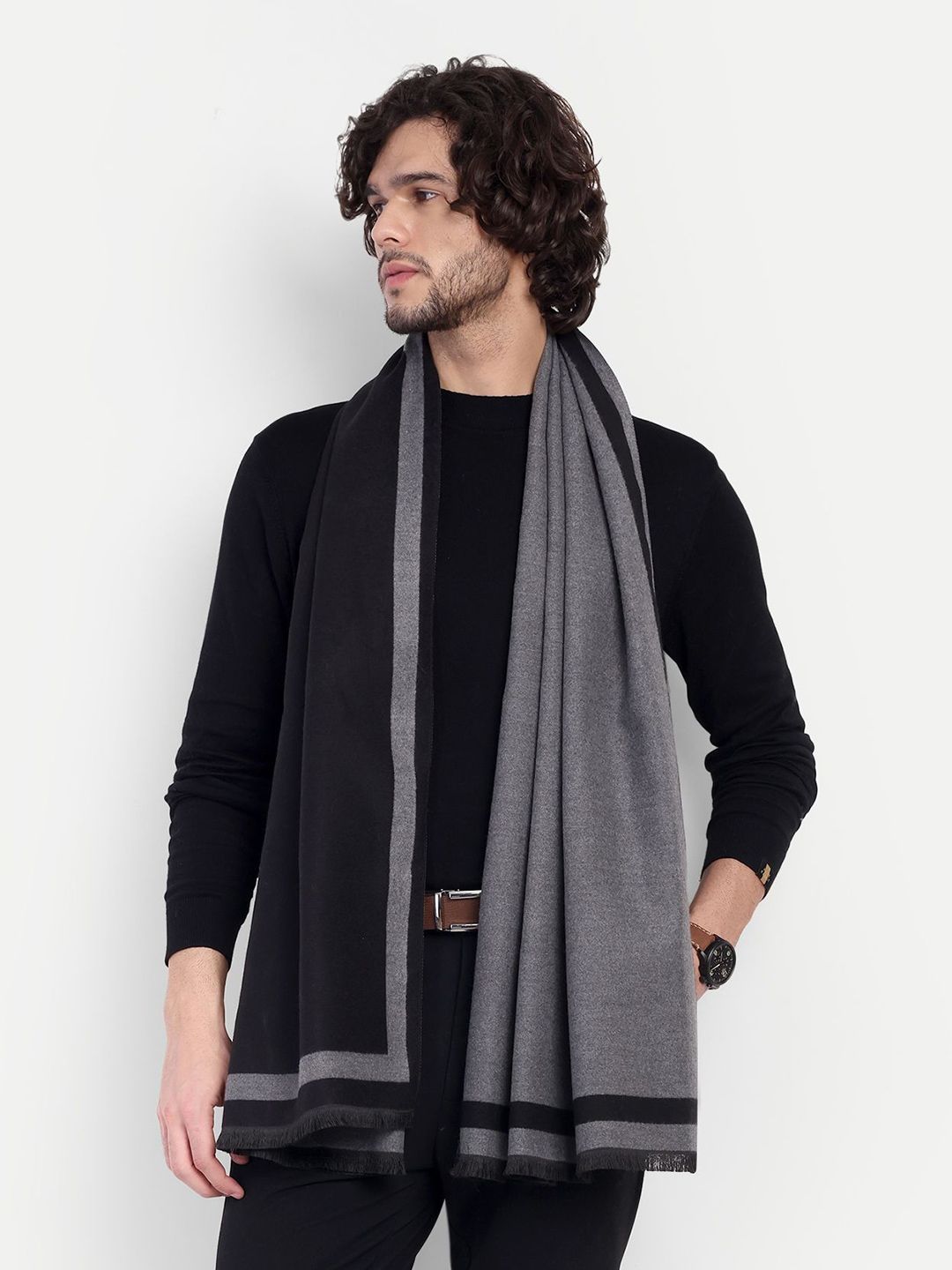 Knitkala Men Cashmere Solid Border Reversible Stole
