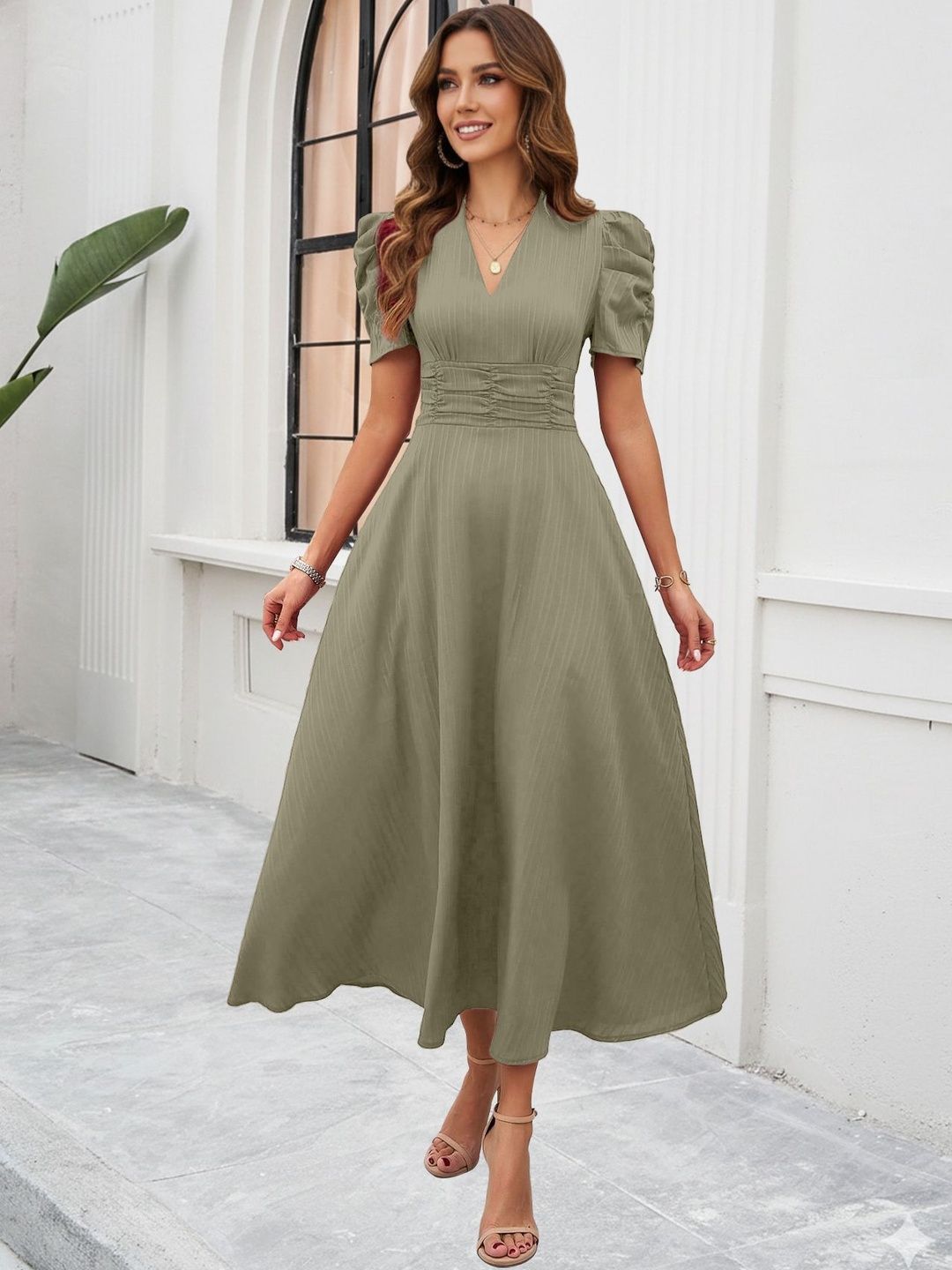 Sugathari Puff Sleeve Fit & Flare Midi Dress