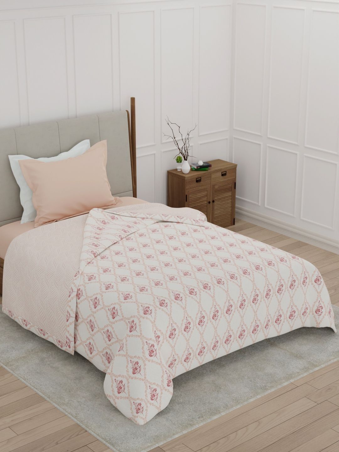 Raymond Home Pink & Off White Floral Mild Winter 180 GSM Cotton Dohar