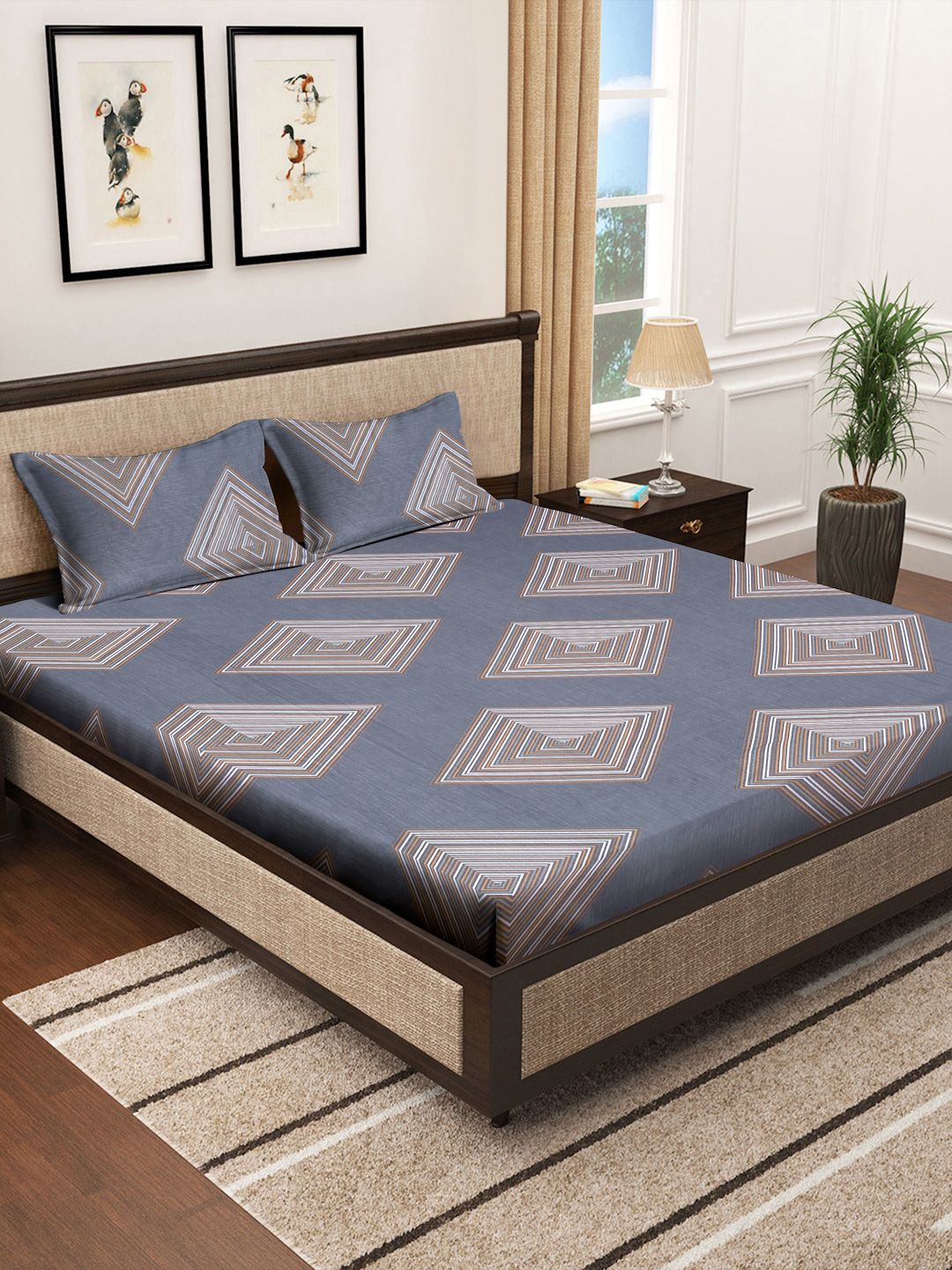 Myntra Elegant Homes Myntra Elegant Homes Grey Printed 300 TC Fitted King Bedsheet Set 2.5m x 2.25m