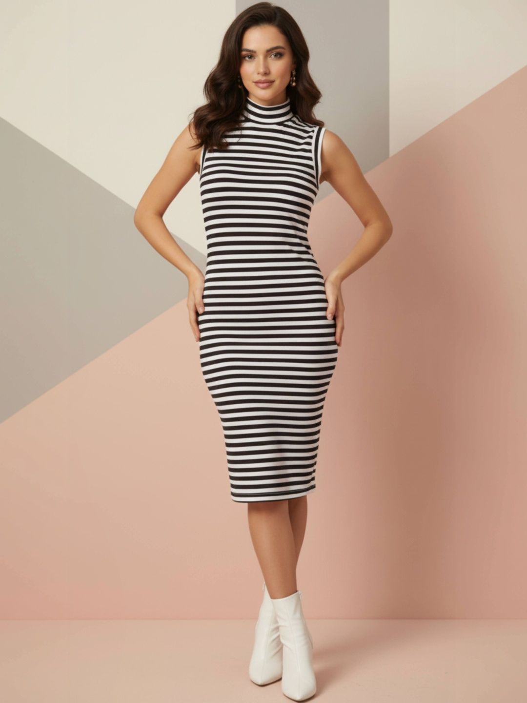 knee length dresses for ladies Beach Strolls Striped Bodycon Midi Dress - Cream/Black
