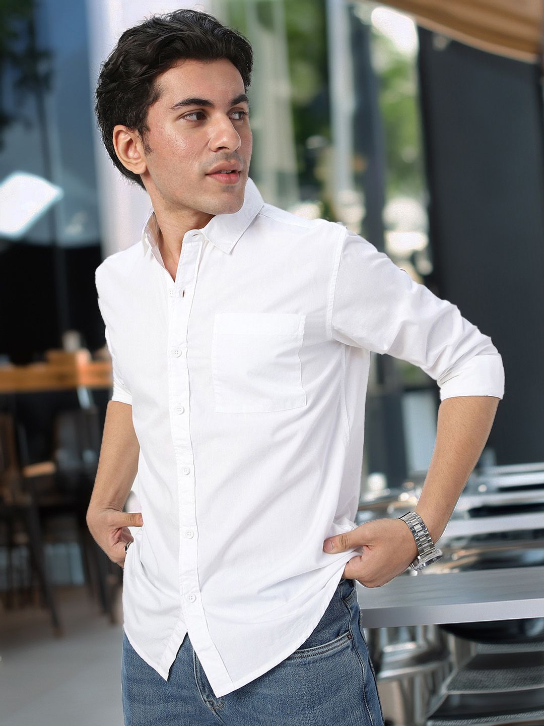 Urbano Fashion Men Spread Collar Solid Cotton Casual Shirt