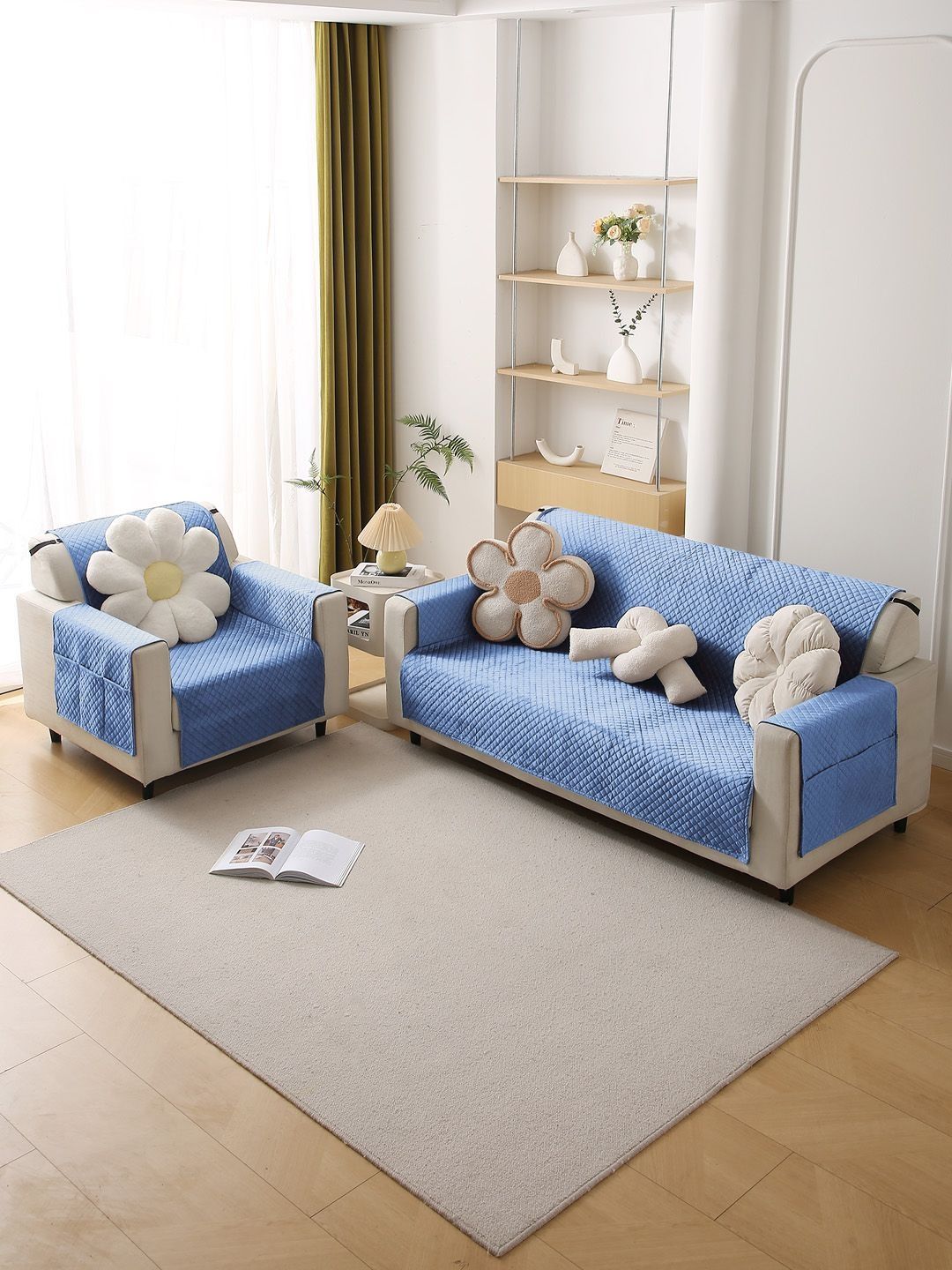 HOKIPO Blue Solid Velvet 1 Piece 2 Seater Sofa Cover Mat with Pockets on Armrest