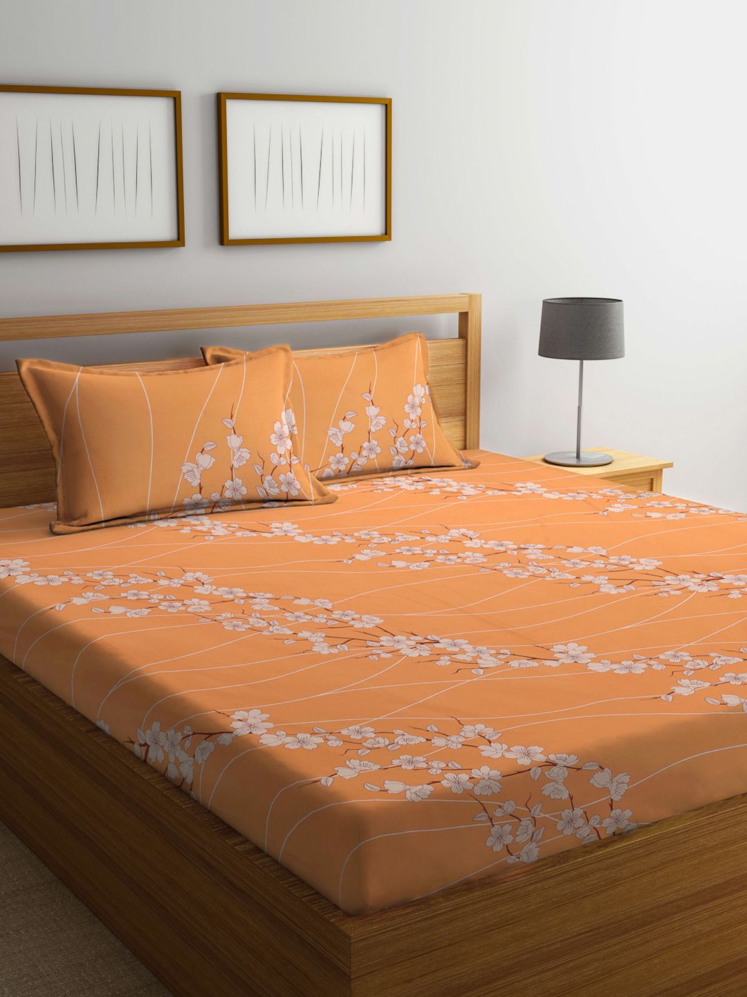 Myntra Elegant Homes Myntra Elegant Homes Orange Colored Printed Cotton 400TC King Bedsheet Set 2.5m x 2.25m