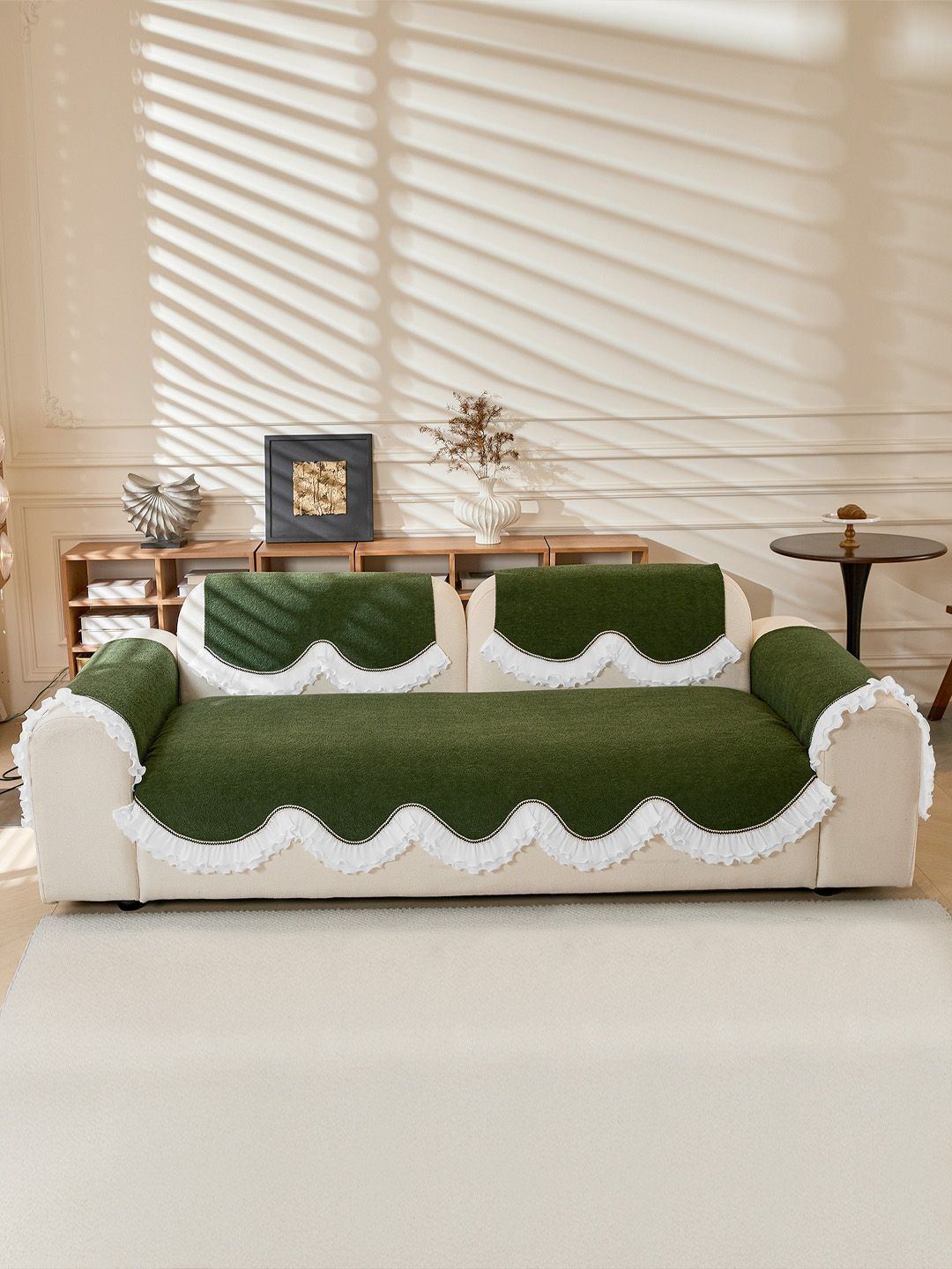 HOKIPO Green Solid Chenille 1 Piece 2 Seater Sofa Cover Mat