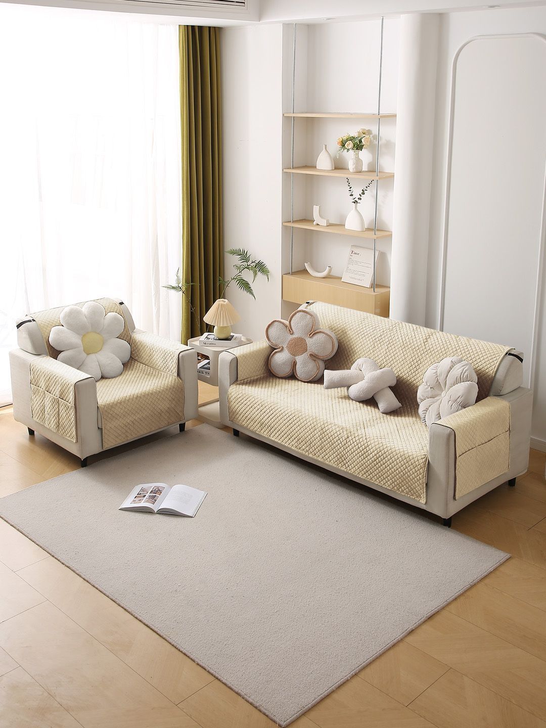 HOKIPO Beige Solid Velvet 1 Piece 2 Seater Sofa Cover Mat with Pockets on Armrest