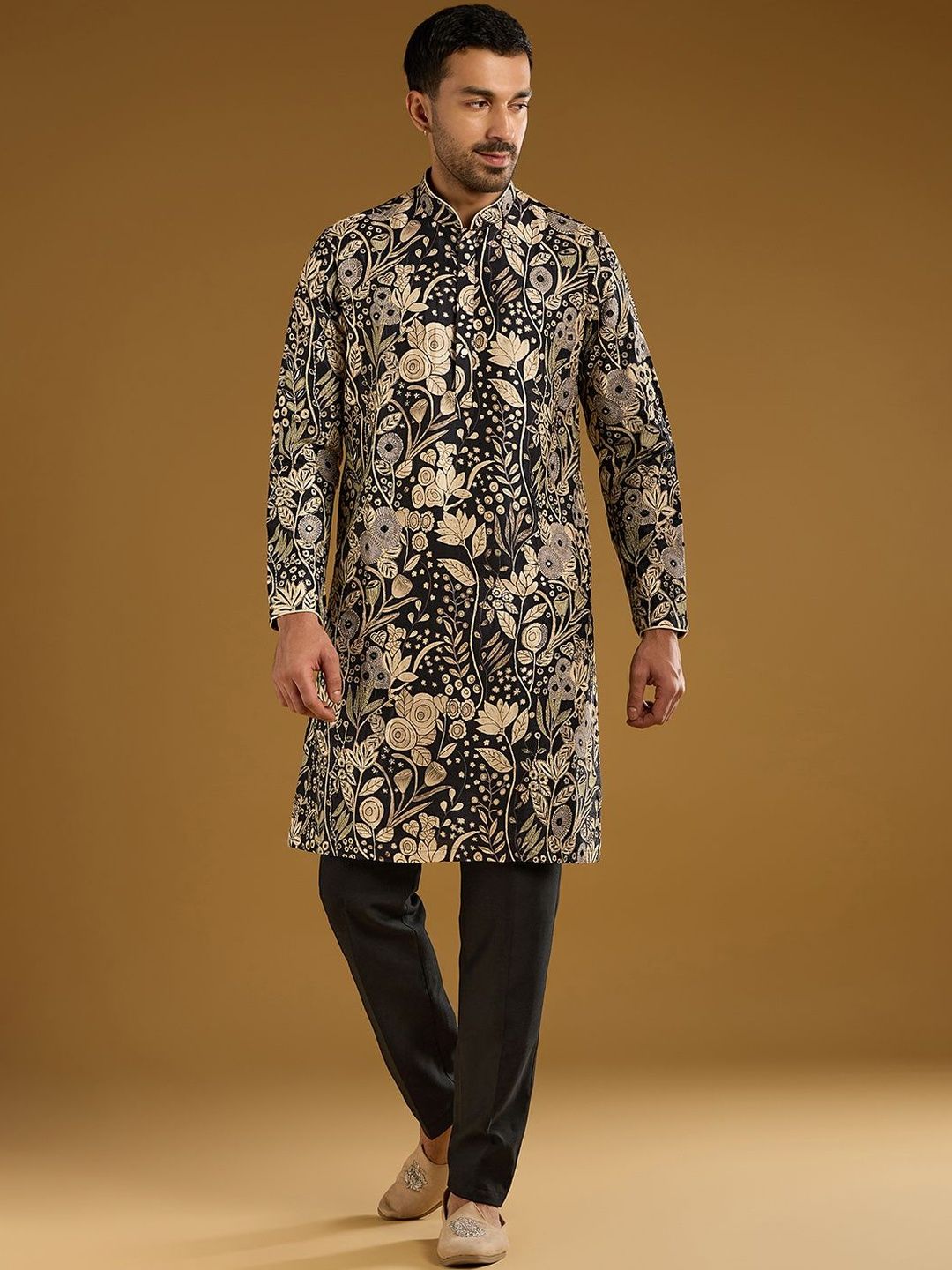 KALKI Fashion KALKI Fashion Men Floral Embroidered Regular Thread Work Kurta with Trousers