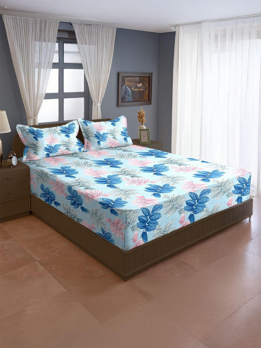 SWAYAM SWAYAM Blue & Blue 200 TC Bedsheet with 2 Pillow Covers