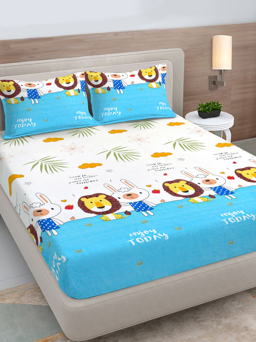FABINALIV White Cartoon Print Polycotton 300 TC King Bedsheet with 2 Pillow Covers