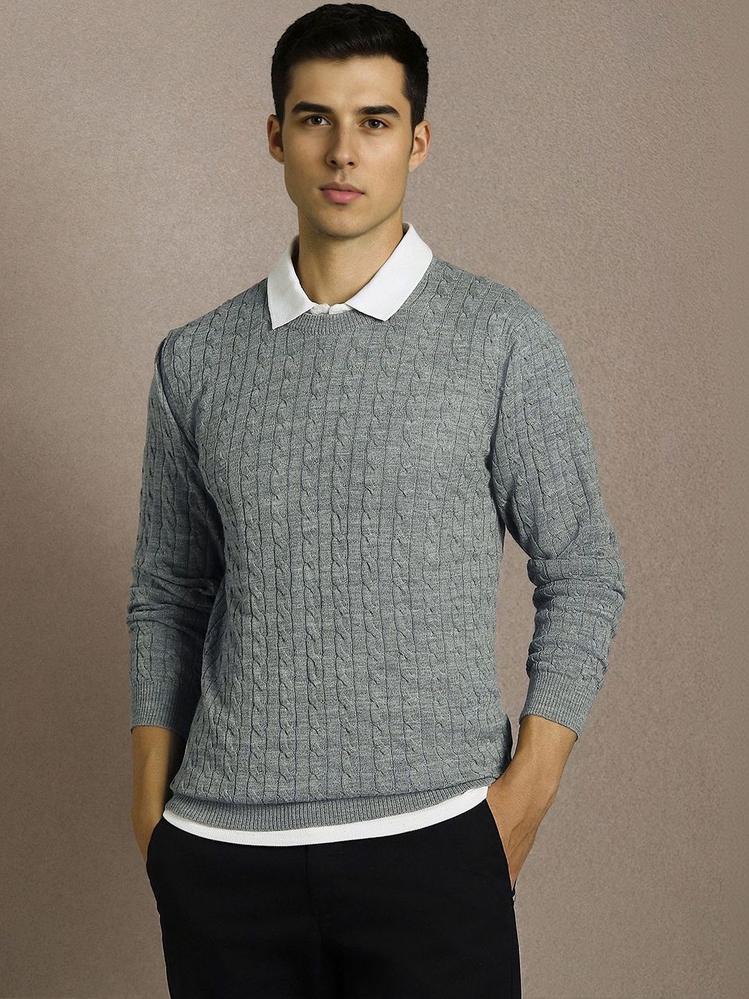Louis Philippe Men Cable Knit Pullover