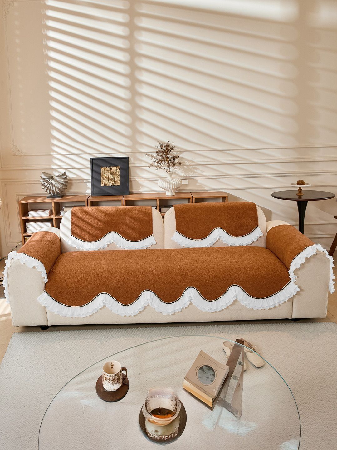 HOKIPO Orange Solid Chenille 1 Piece 2 Seater Sofa Cover Mat