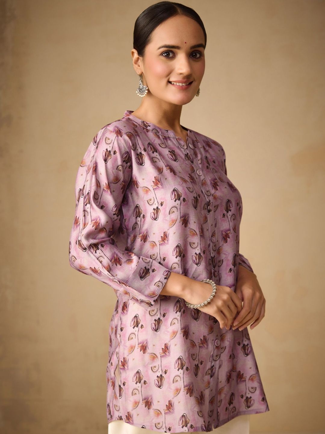 WOMEN PLUS Women Floral Printed Mandarin Collar Tunic