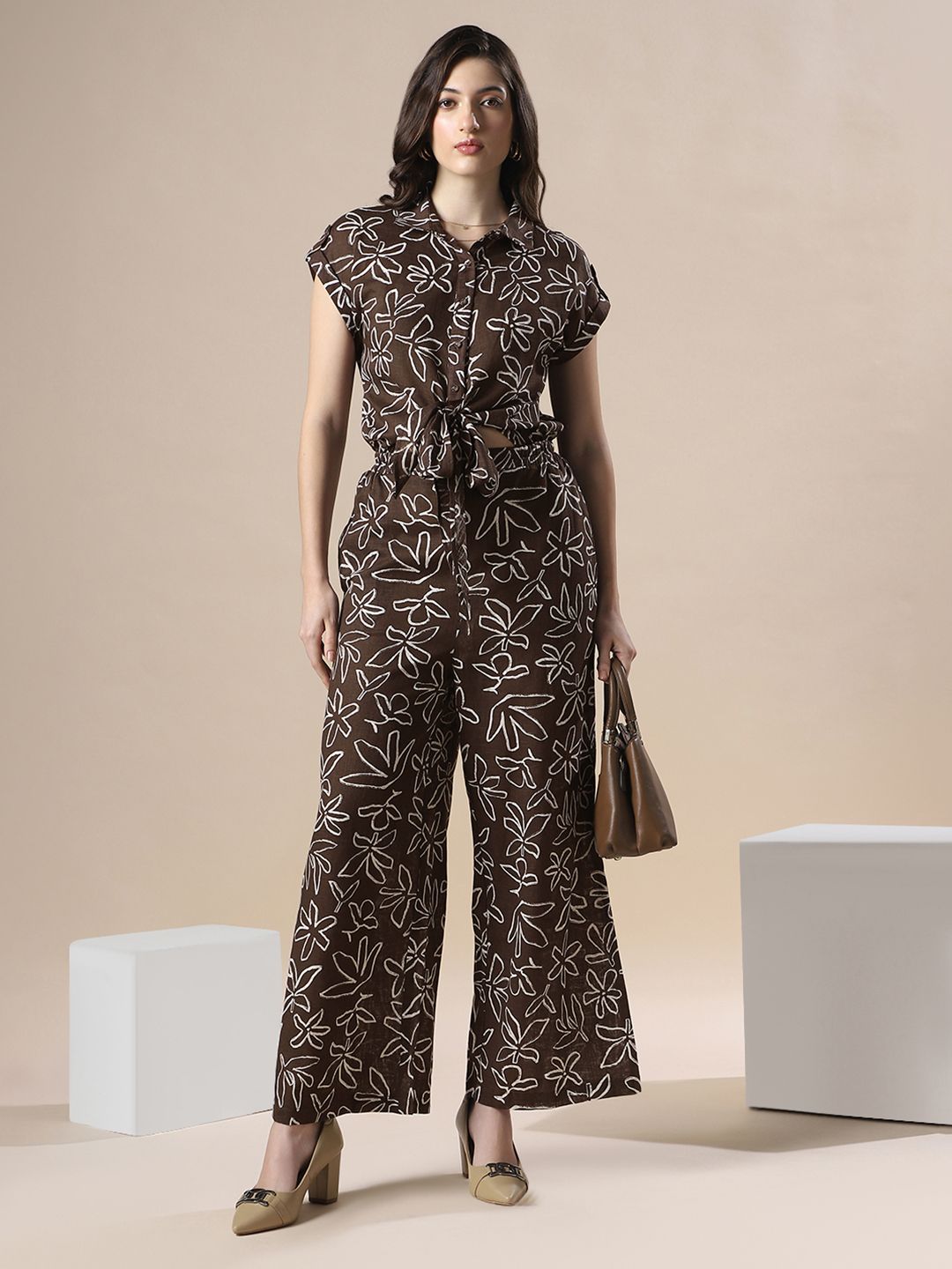 Globus Women Brown Floral Print Collared Neck Cut Out Details Flared Jumpsuit