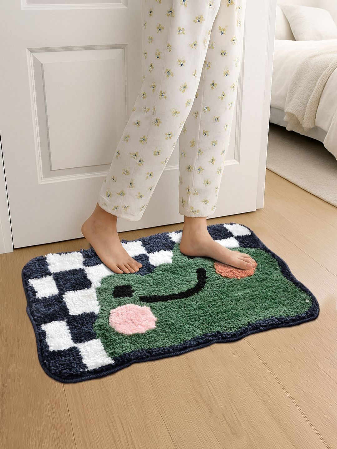 FABINALIV FABINALIV Green & White Self Design Anti-Skid Doormat