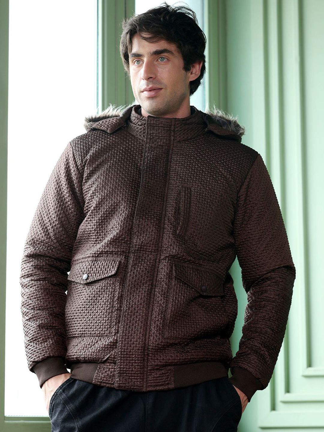 CAHOOT Men Hooded Self Design Lightweight Puffer Jacket