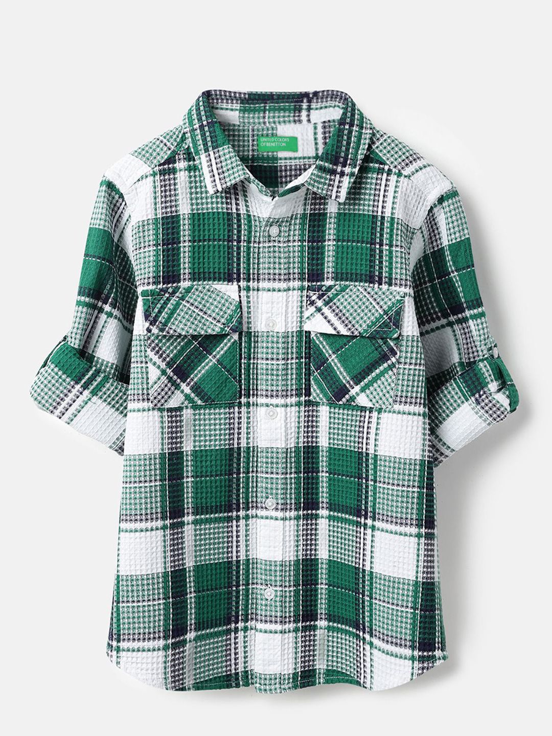 United Colors of Benetton Boys Buffalo Checked Spread Collar Cotton Casual Shirt