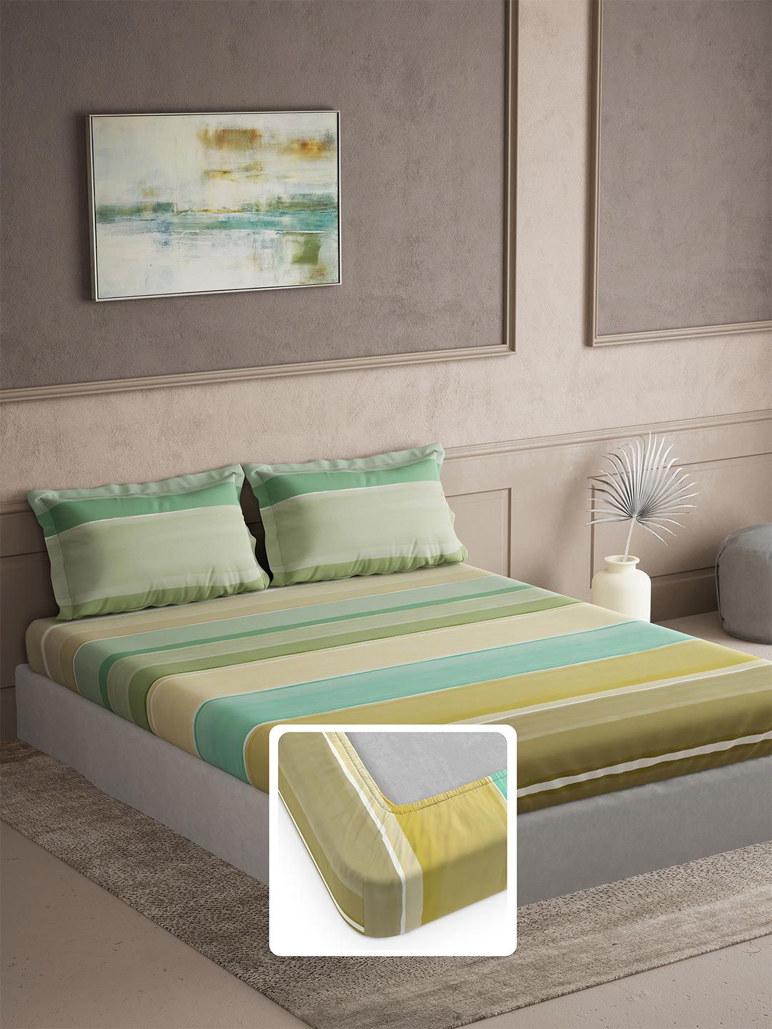 DDecor Green & Yellow Striped 144 TC King Cotton Bedsheet with 2 Pillow Covers