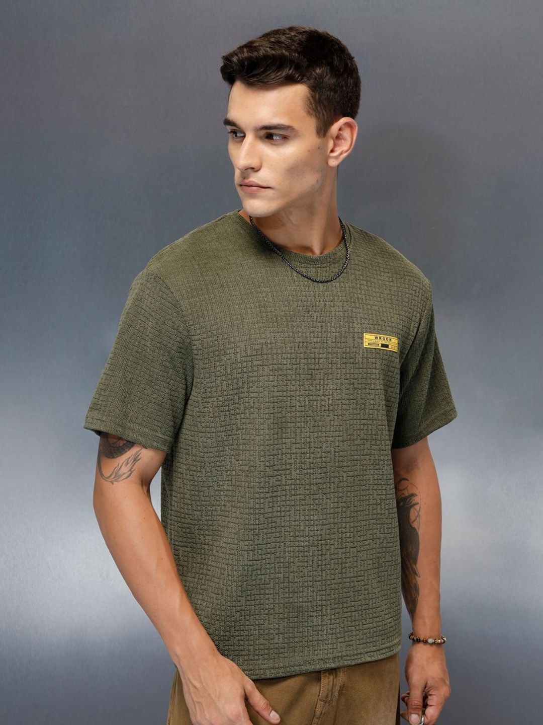 WROGN Men Self Design Round Neck Cotton T-shirt