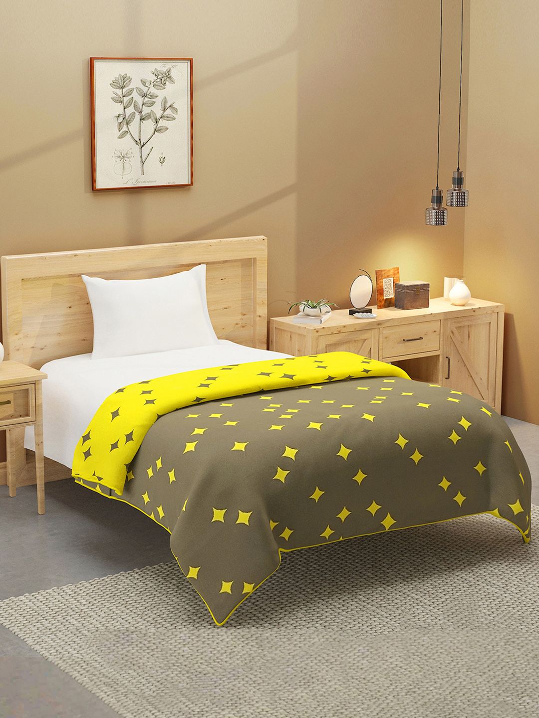 SWAYAM Yellow & Beige Geometric Printed Cotton AC Room 120 GSM Dohar