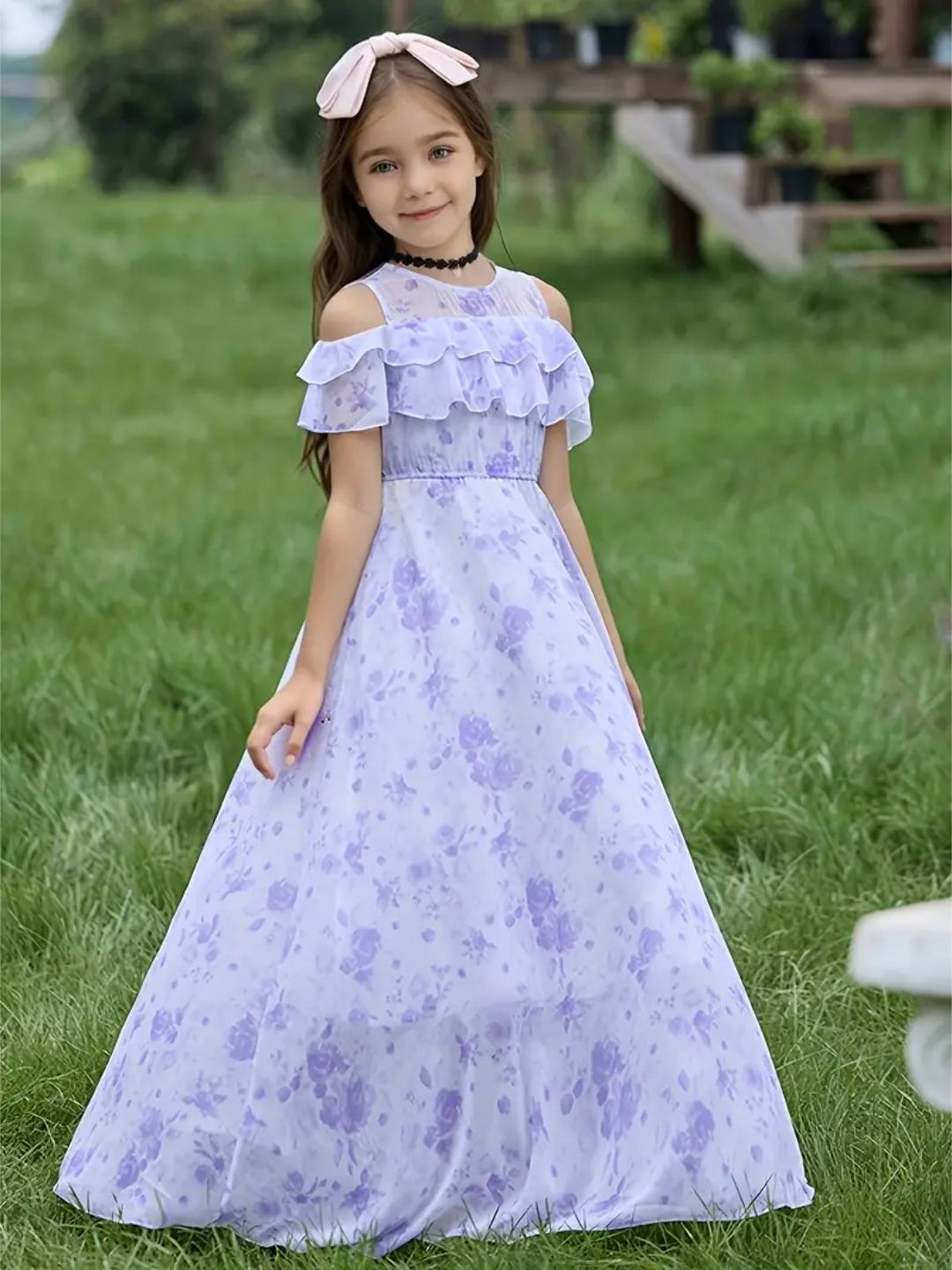 chinese dress ladies Flower Child Bust Tie Ruffle Trim Dress Floral Spring Print Champagne
