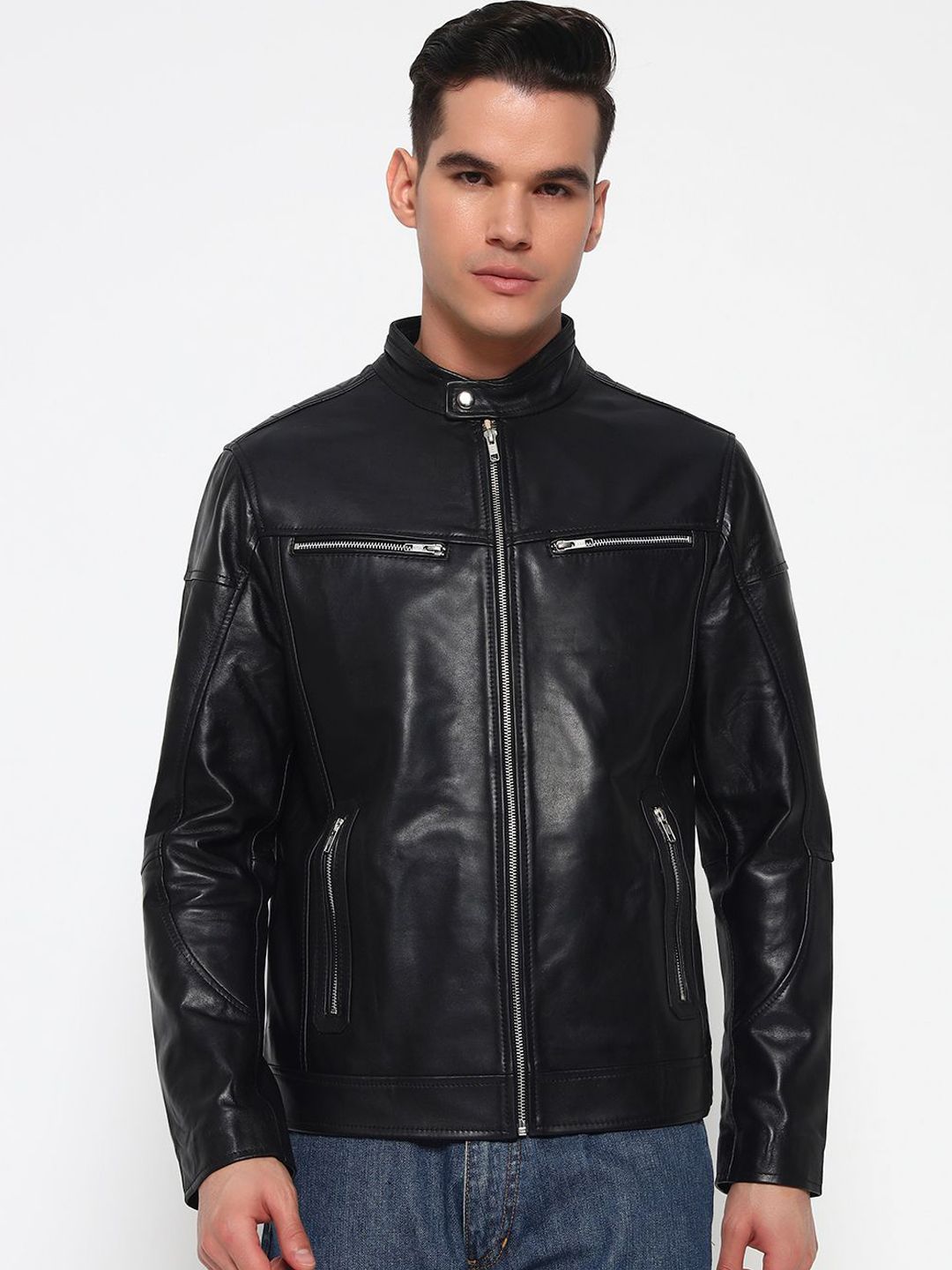 MaheTri Men Stand Collar Solid Lightweight Biker Jacket