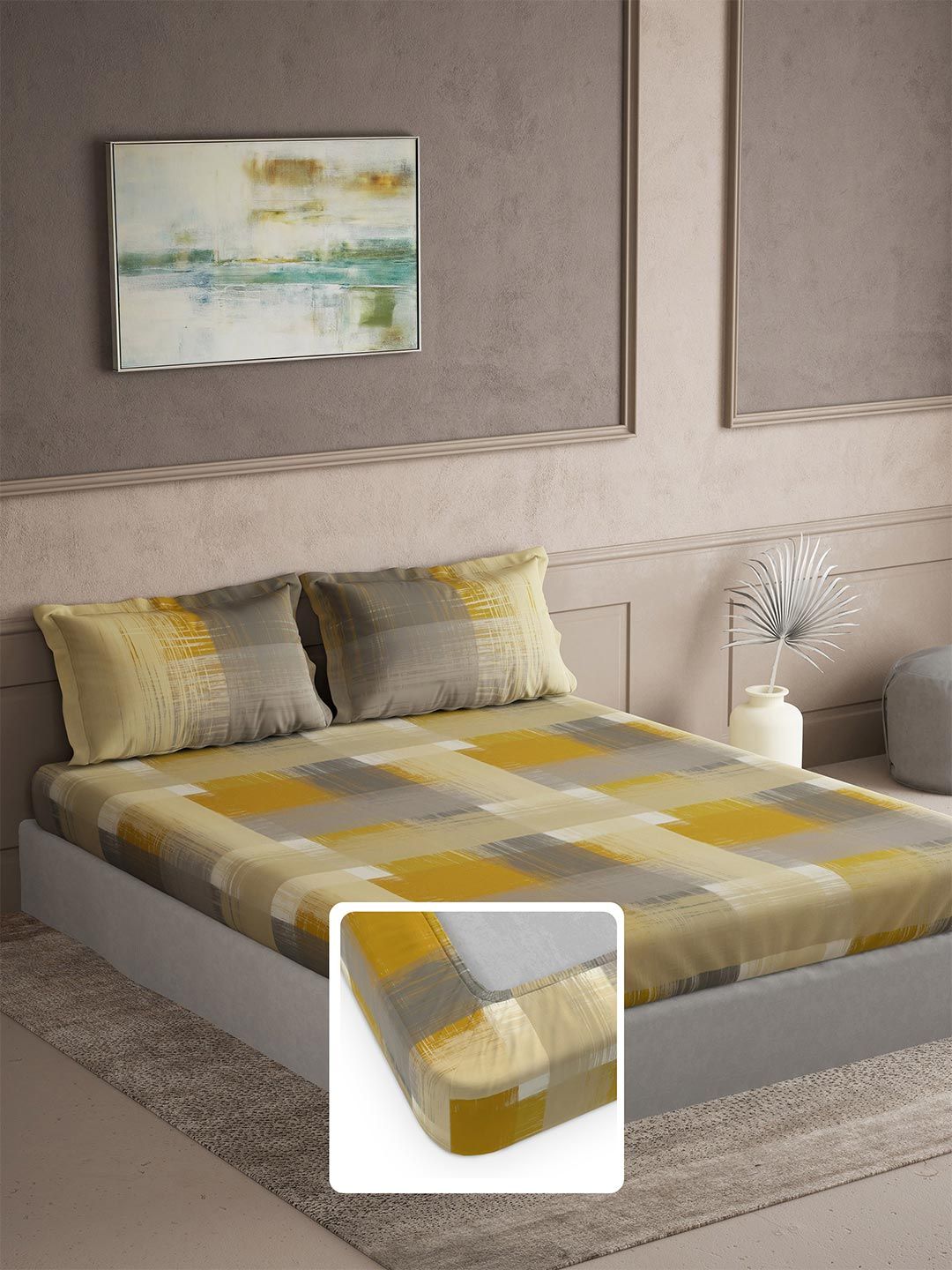 DDecor Gold-Toned & White Checks 144 TC King Cotton Fitted Bedsheet with 2 Pillow Covers