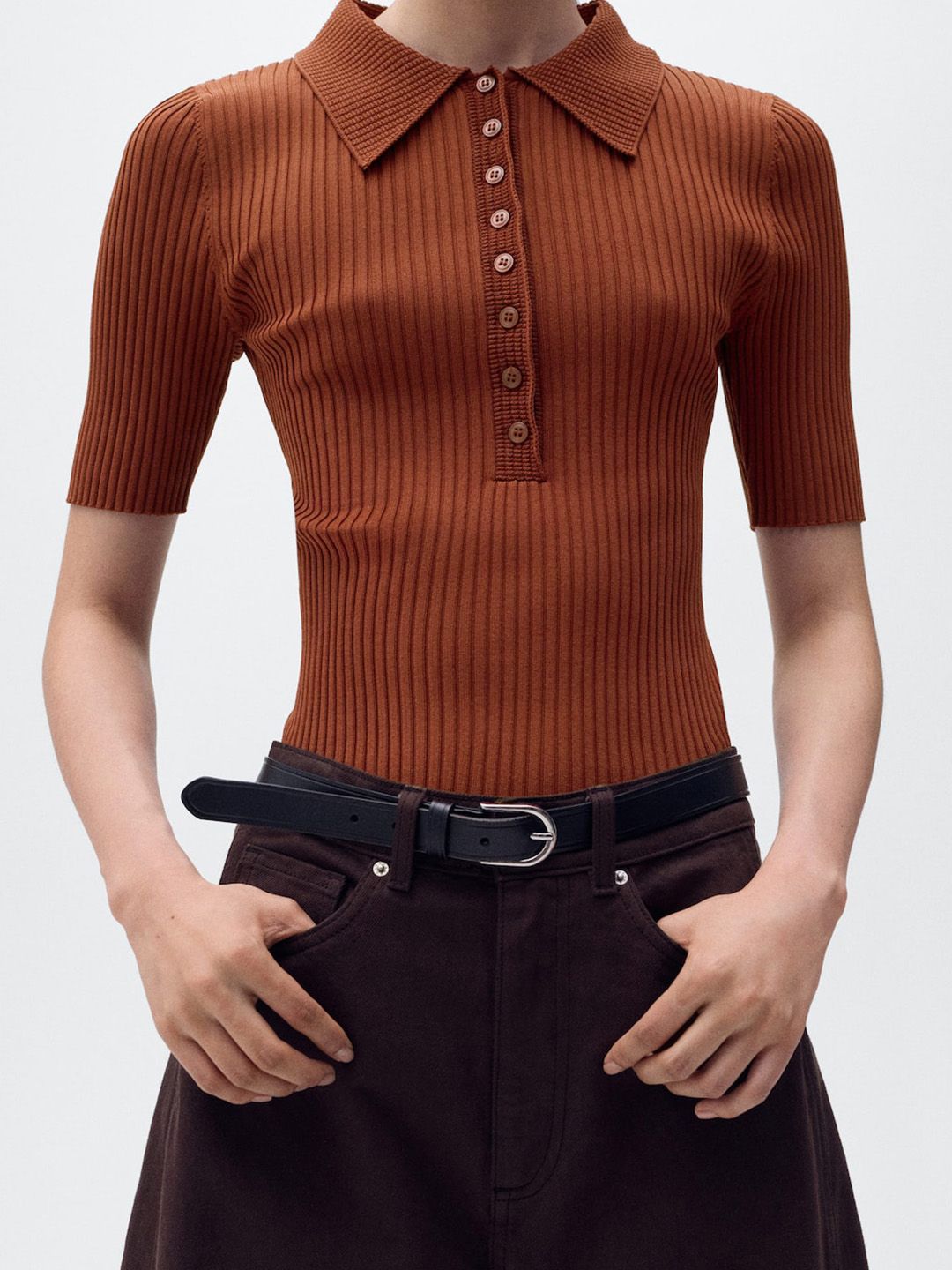 Ribbed Polo Collar T-shirt