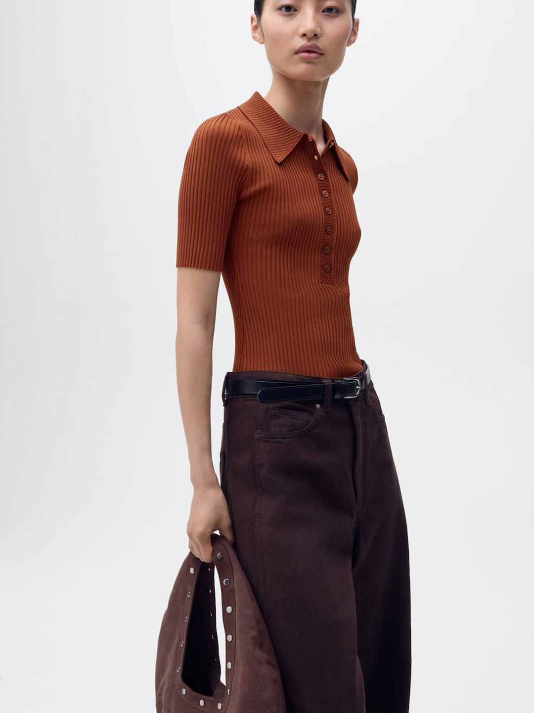 Ribbed Polo Collar T-shirt