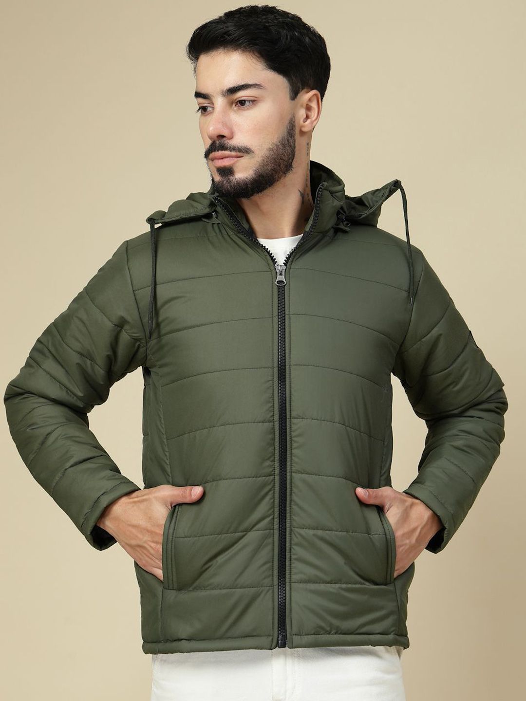 KLOTTHE Men Zip Detail Water Resistant Long Sleeve Hooded Quilted Jacket