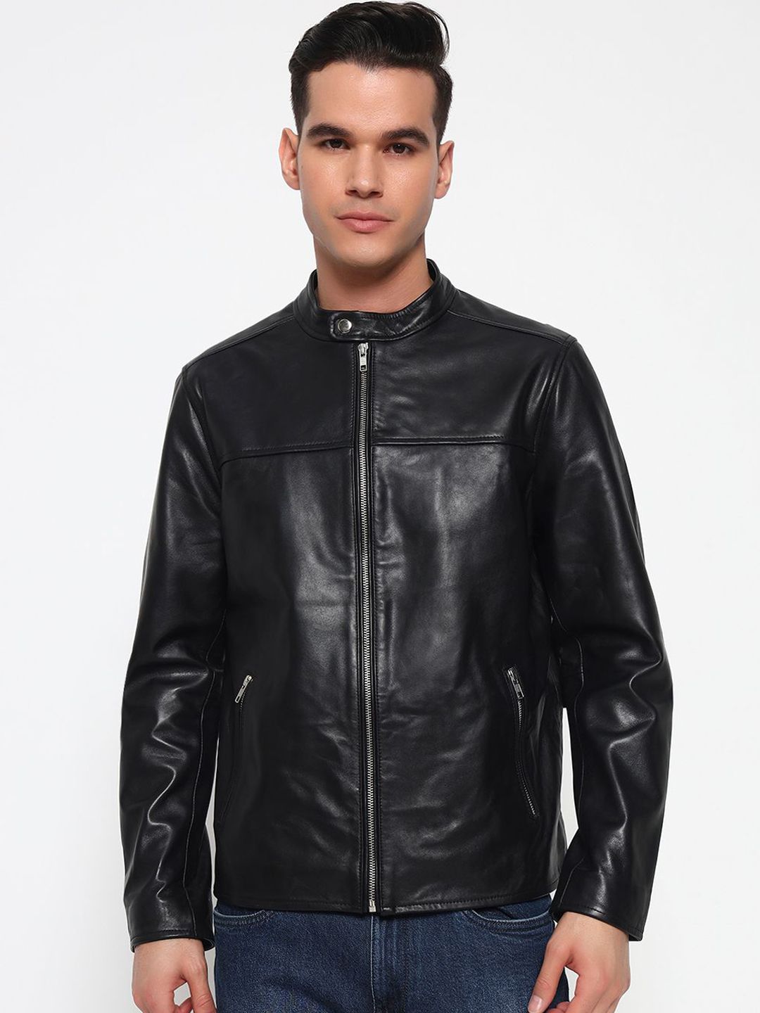 MaheTri Men Stand Collar Solid Lightweight Biker Jacket