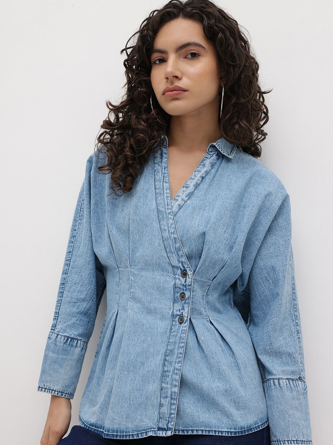 Roadster The Roadster Life Co. Washed Effect Pleated Detail Pure Cotton Wrap-Style Denim Shirt