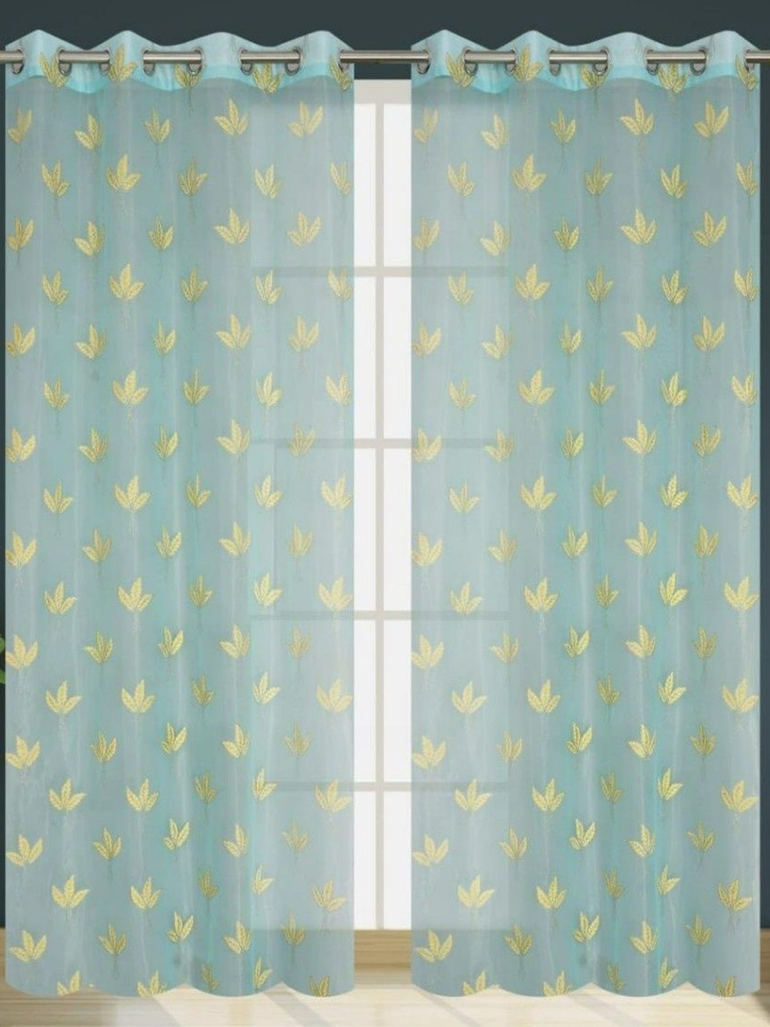 UrbanArts Turquoise Blue 2 Pcs Leaf Embroidered Fade Resistant Sheer Window Curtains