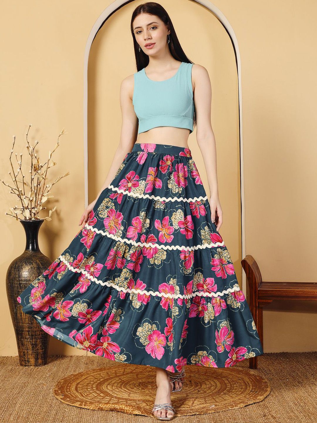 Buy OTABU Floral Printed Lace Frills Bows & Ruffles A-Line Mid