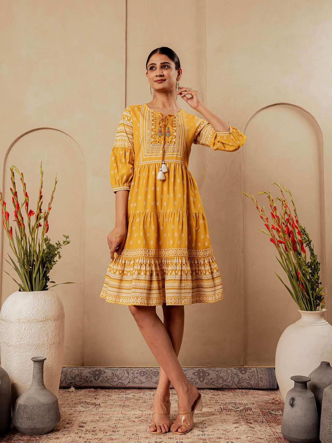 Juniper Women Ethnic Motifs Printed Tie-Up Neck Tiered Fit & Flare Dress
