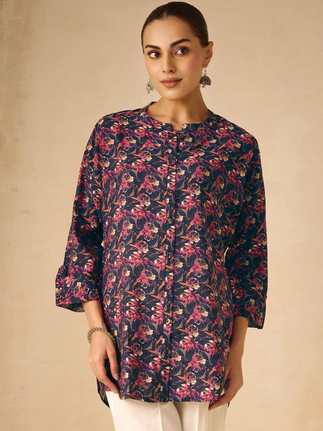 WOMEN PLUS Women Mandarin Collar Floral Printed Tunic