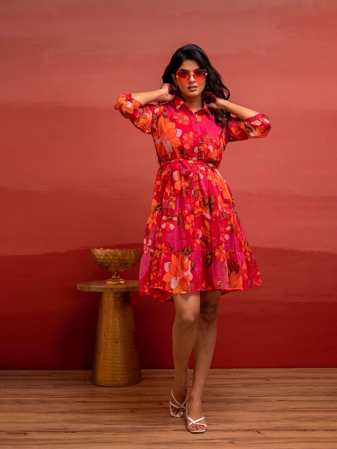 Juniper Women Floral Printed Shirt Collar Tiered Shirt Dress with Belt