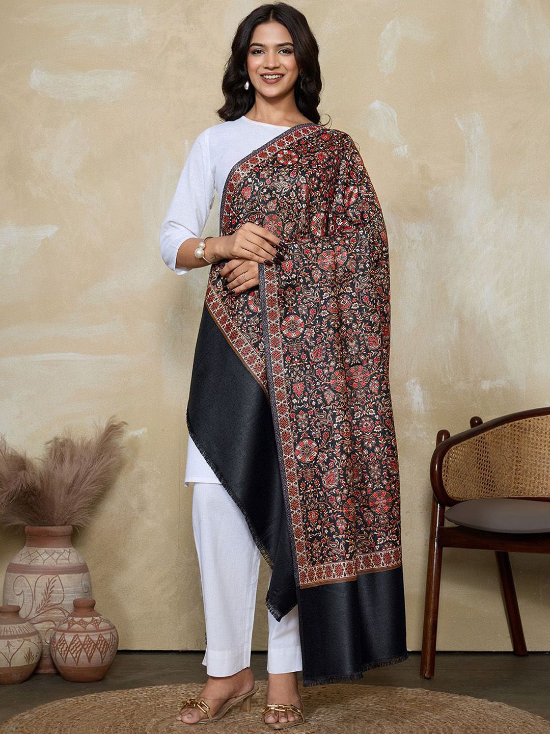 WEAVERS VILLA Women Floral Woven Design Winter Shawl