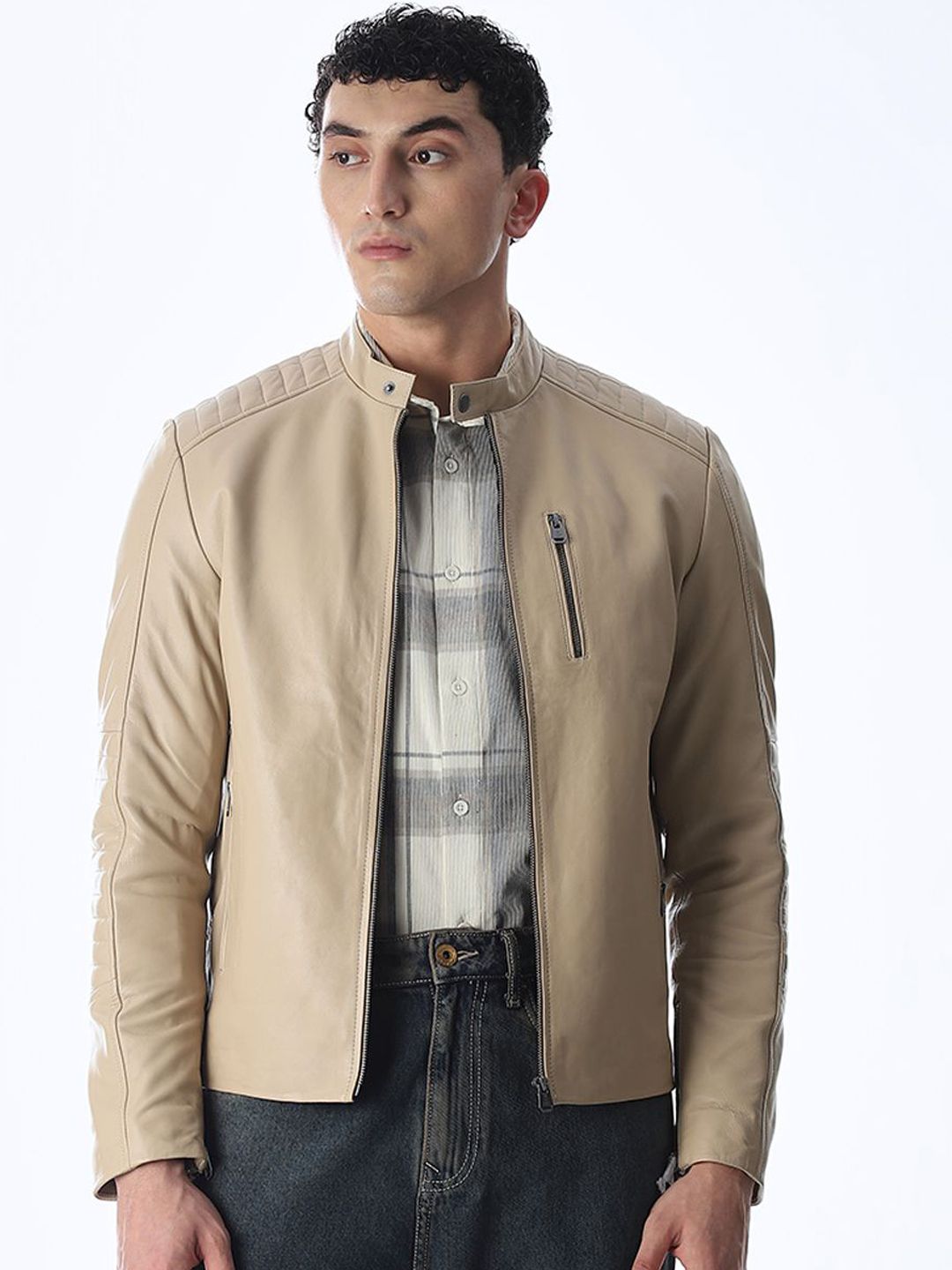 Jack & Jones Band Collar Long Sleeves Zip Detail Leather Open Front Jacket