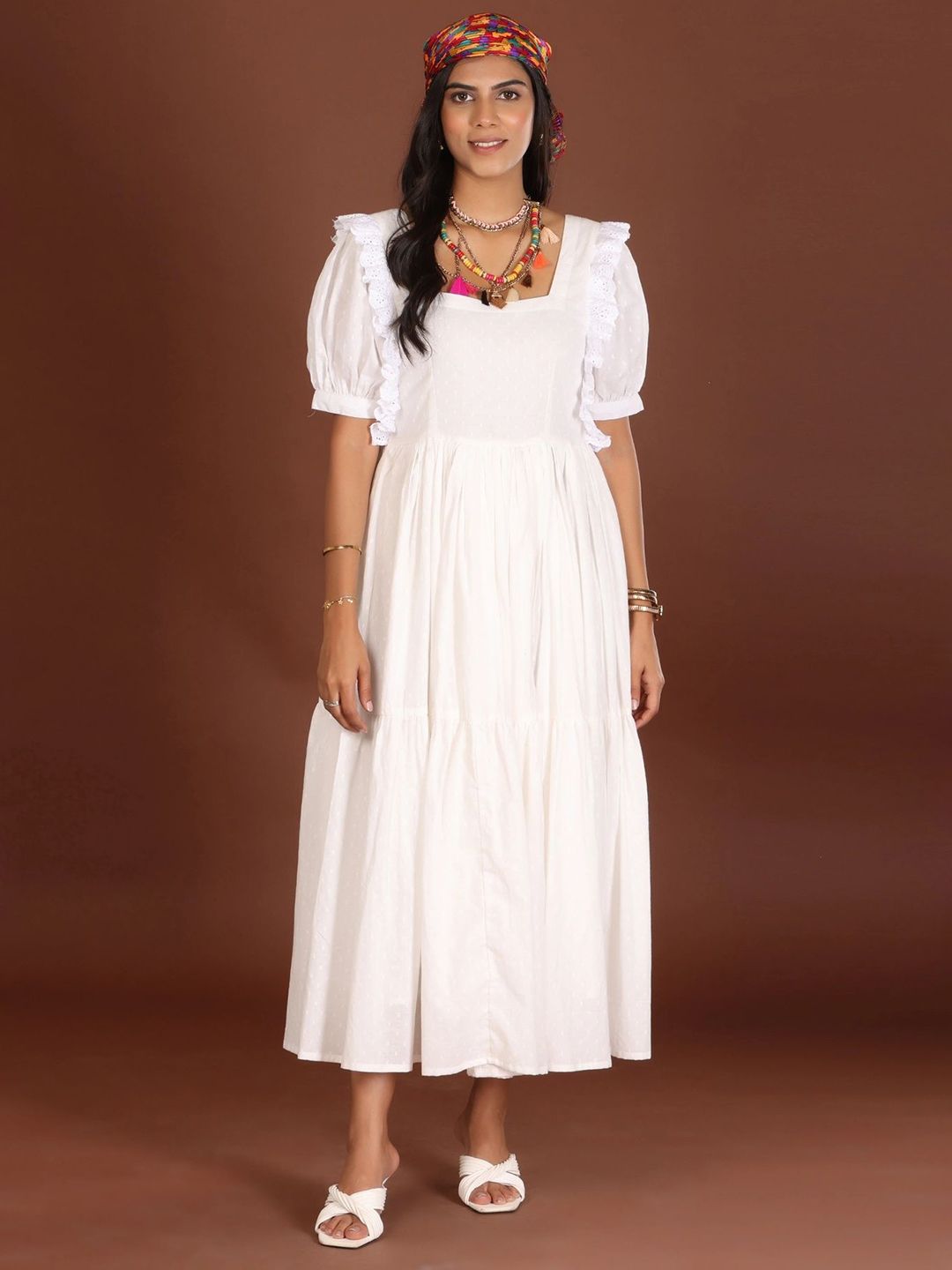 Buy JIRAAZI Puff Sleeve Ruffled A-Line Midi Dress - Dresses for