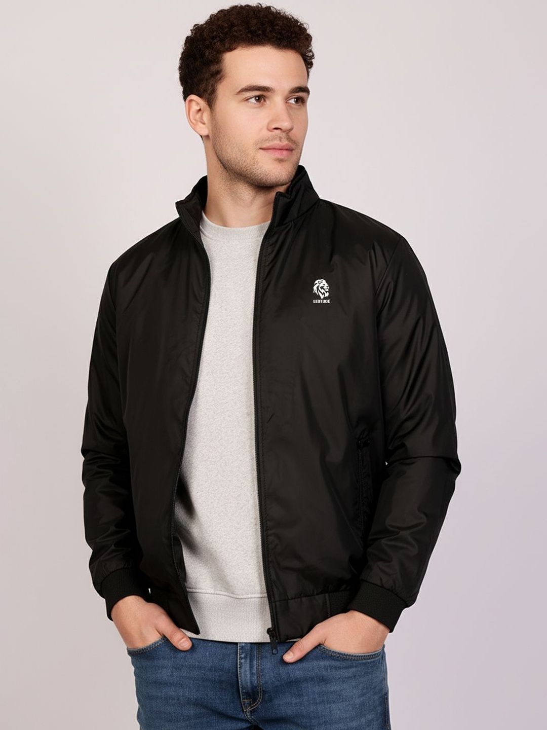 Leotude Men Mock Collar Solid Windcheater Bomber Jacket