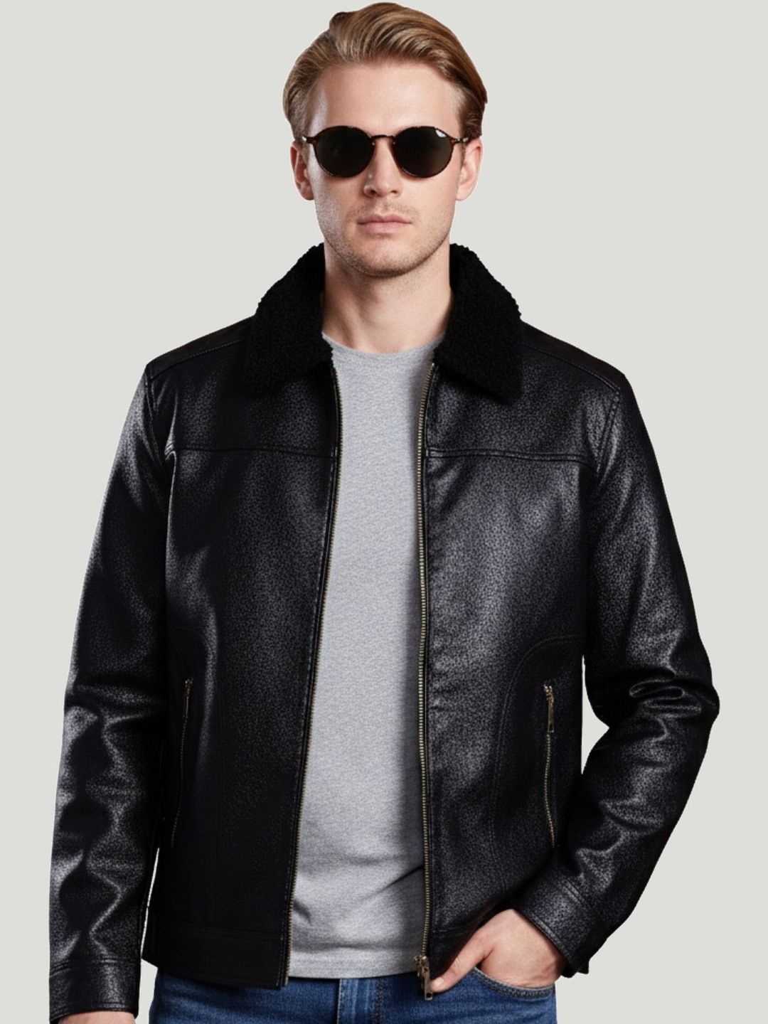 Leather Retail Men Spread Collar Solid Lightweight Biker Jacket